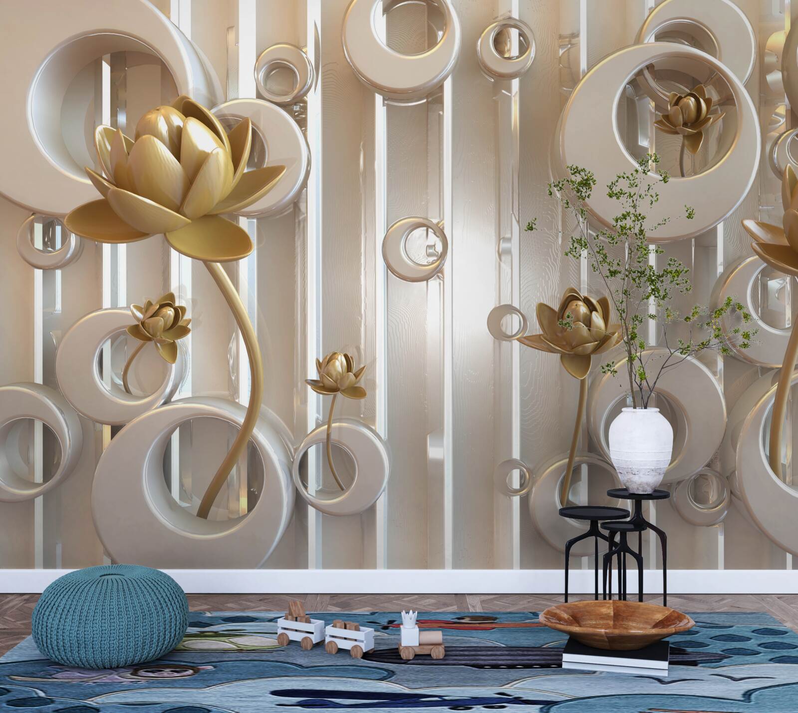 Фотошпалери золоті квіти та місячні кулі