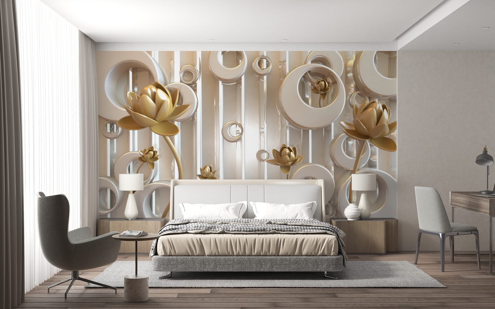 Фотошпалери золоті квіти та місячні кулі