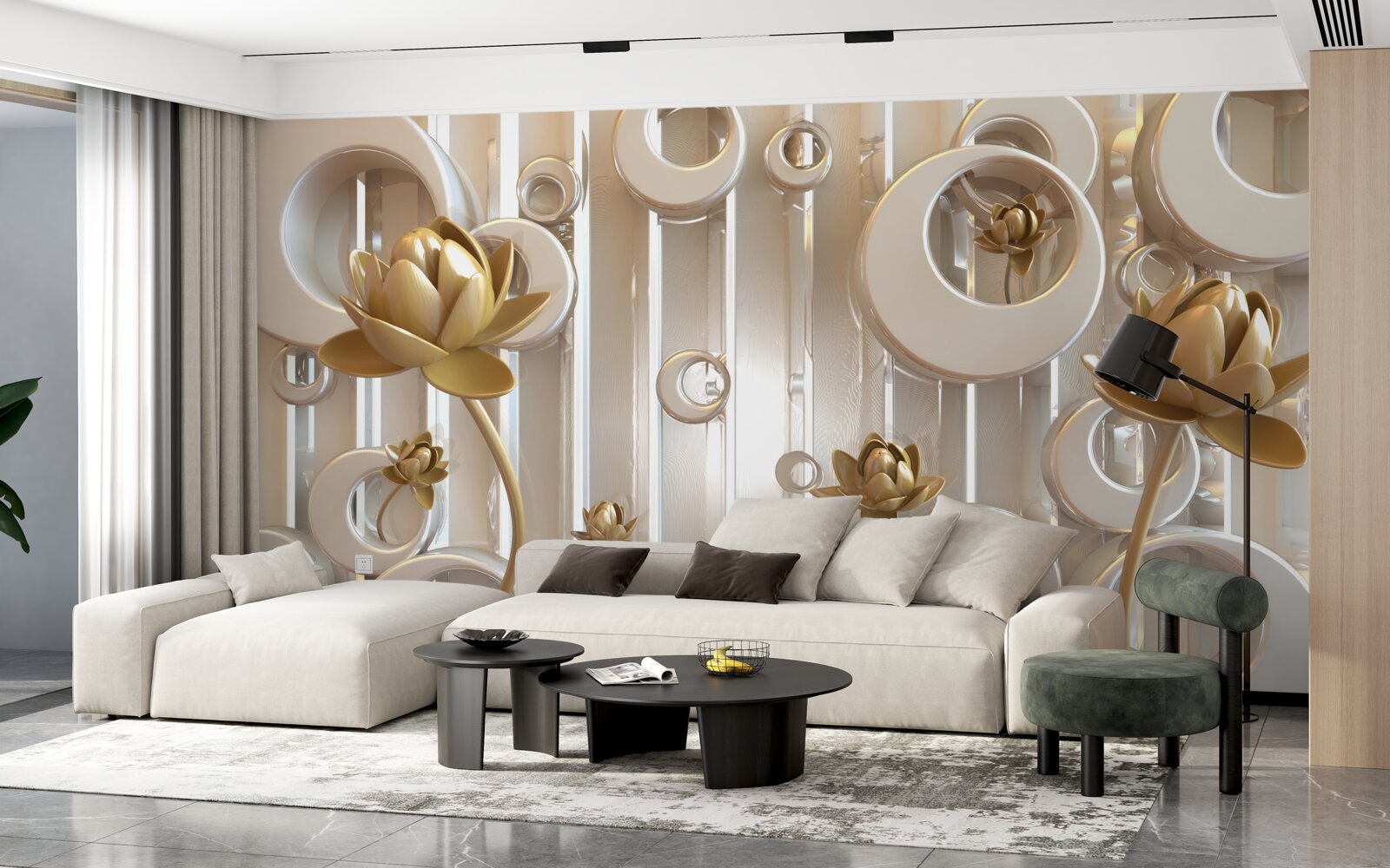 Фотошпалери золоті квіти та місячні кулі