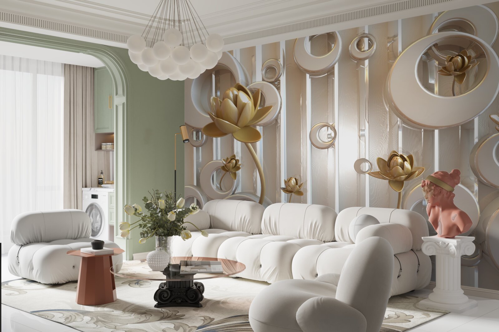 Фотошпалери золоті квіти та місячні кулі