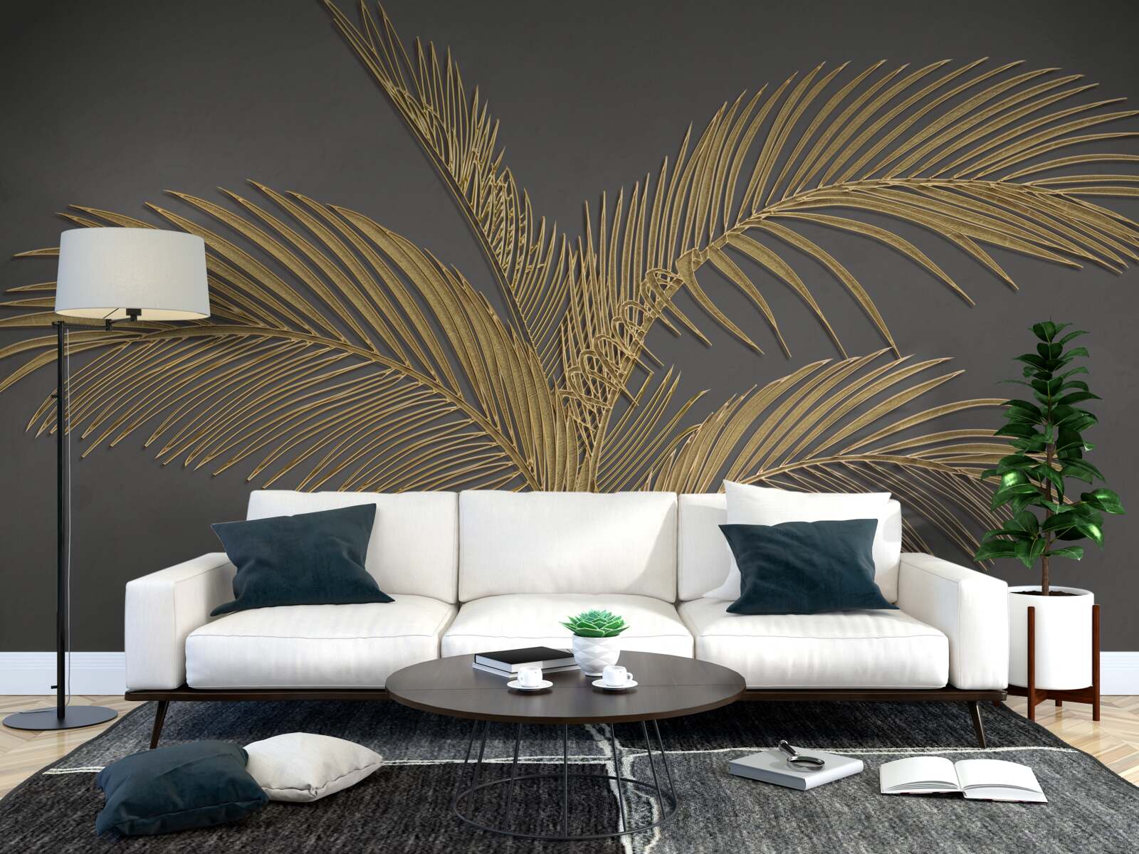 Фотошпалери коричневе пір'яне листя на сірому тлі