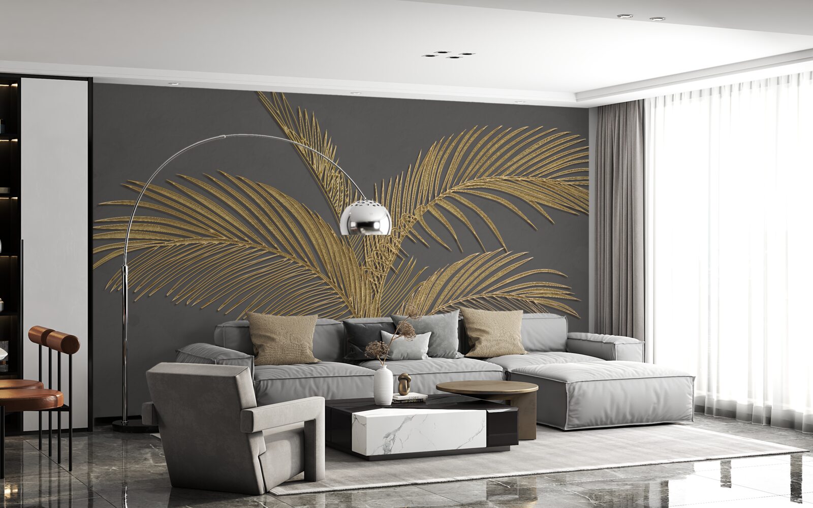 Фотошпалери коричневе пір'яне листя на сірому тлі