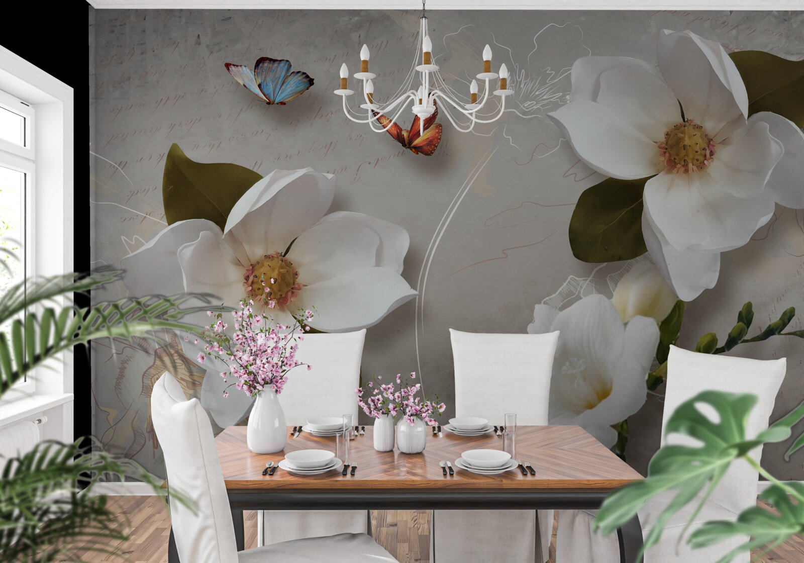 Фотошпалери два метелики пролітають над білосніжними квітами