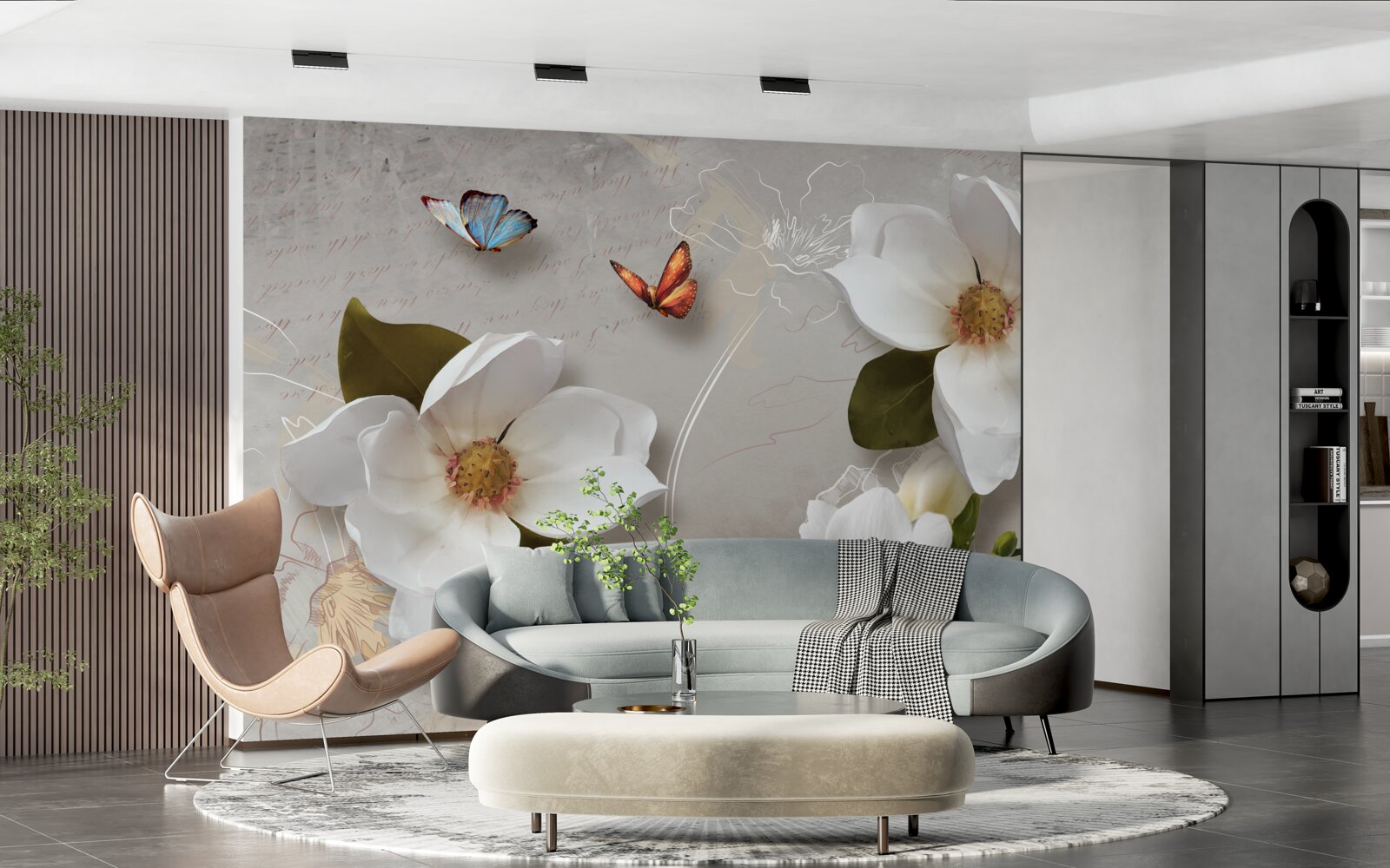 Фотошпалери два метелики пролітають над білосніжними квітами