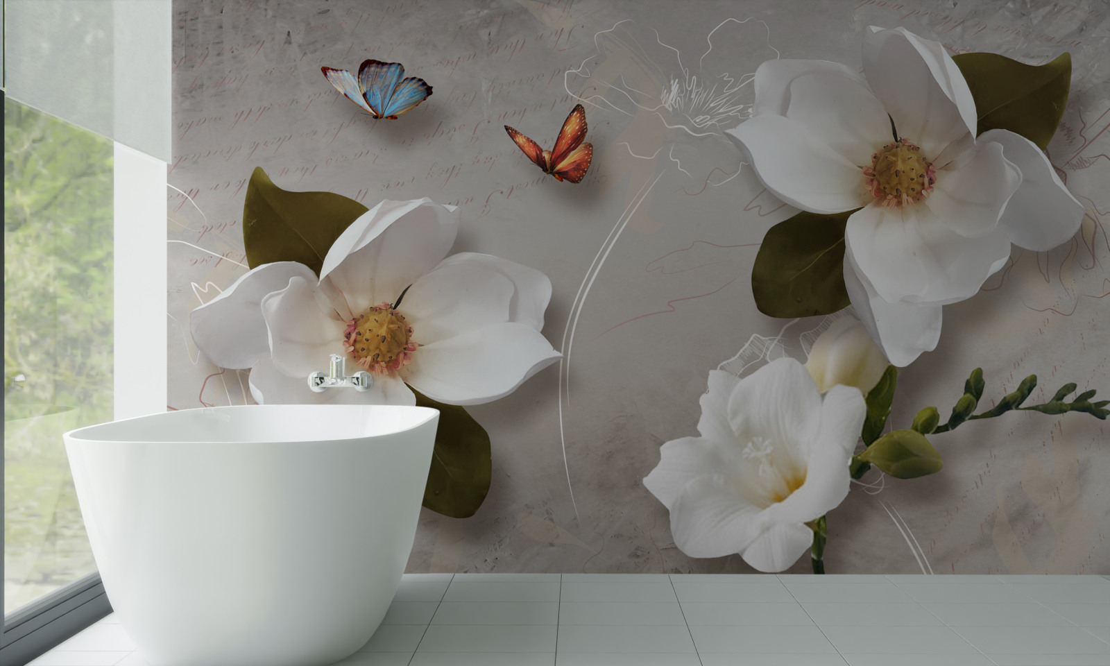 Фотошпалери два метелики пролітають над білосніжними квітами