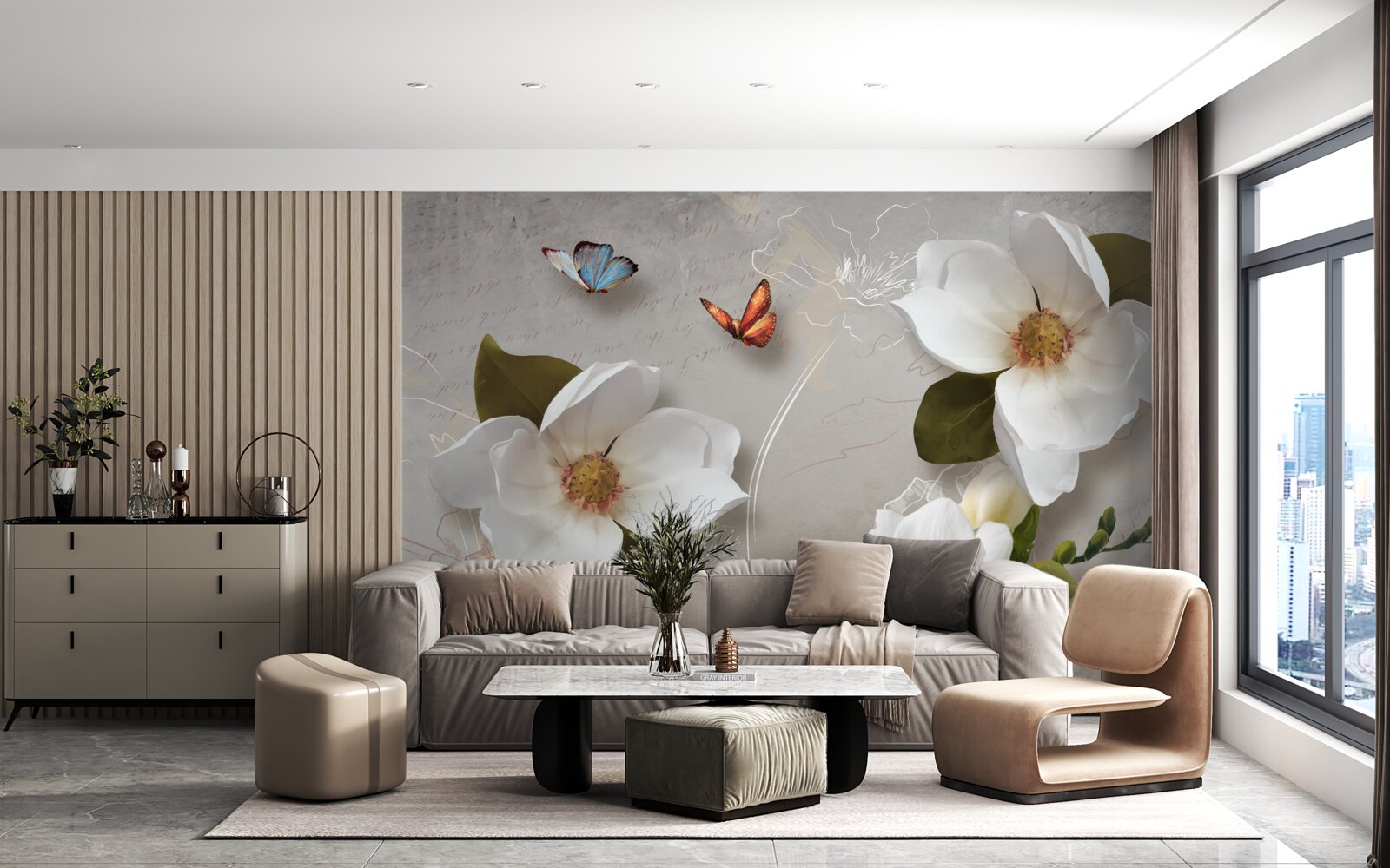 Фотошпалери два метелики пролітають над білосніжними квітами