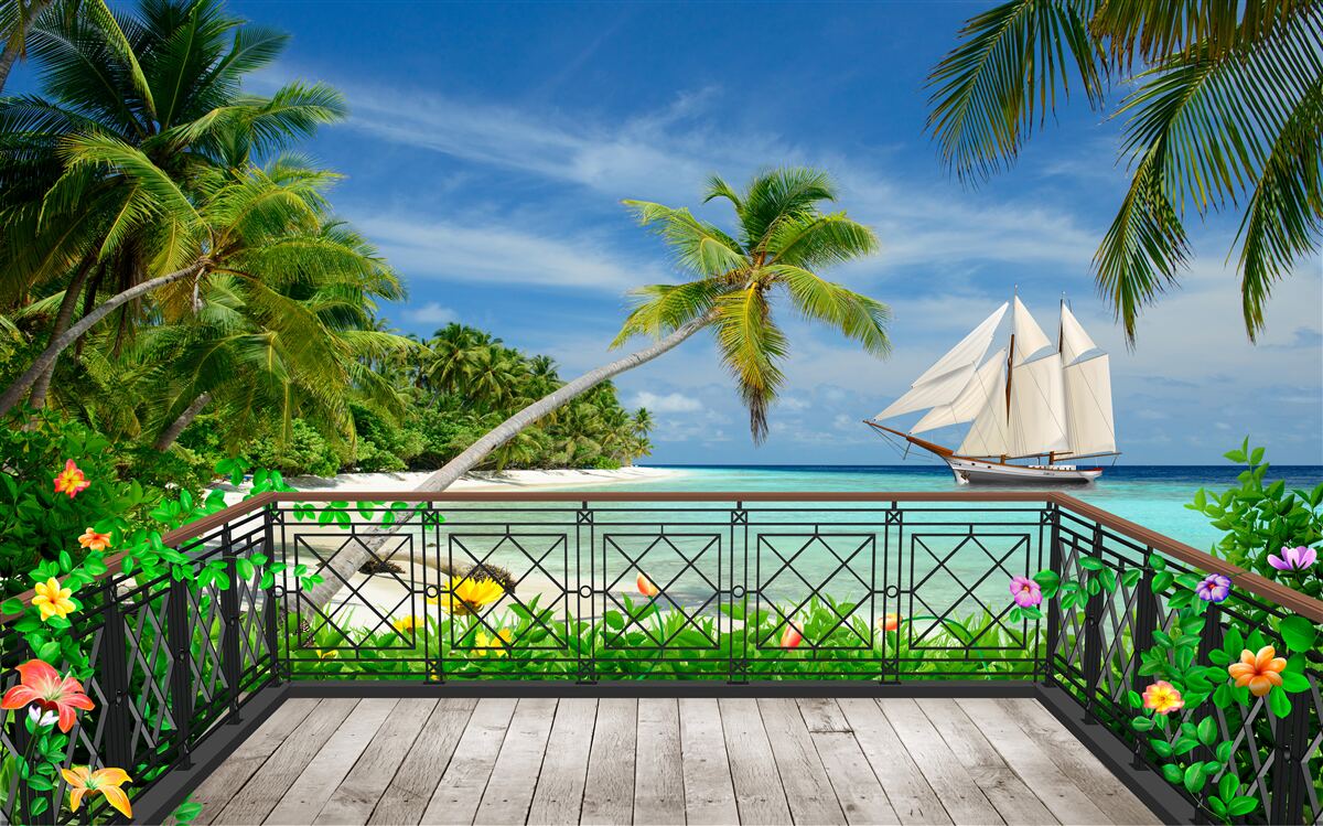 Фотошпалери берег моря з балконом