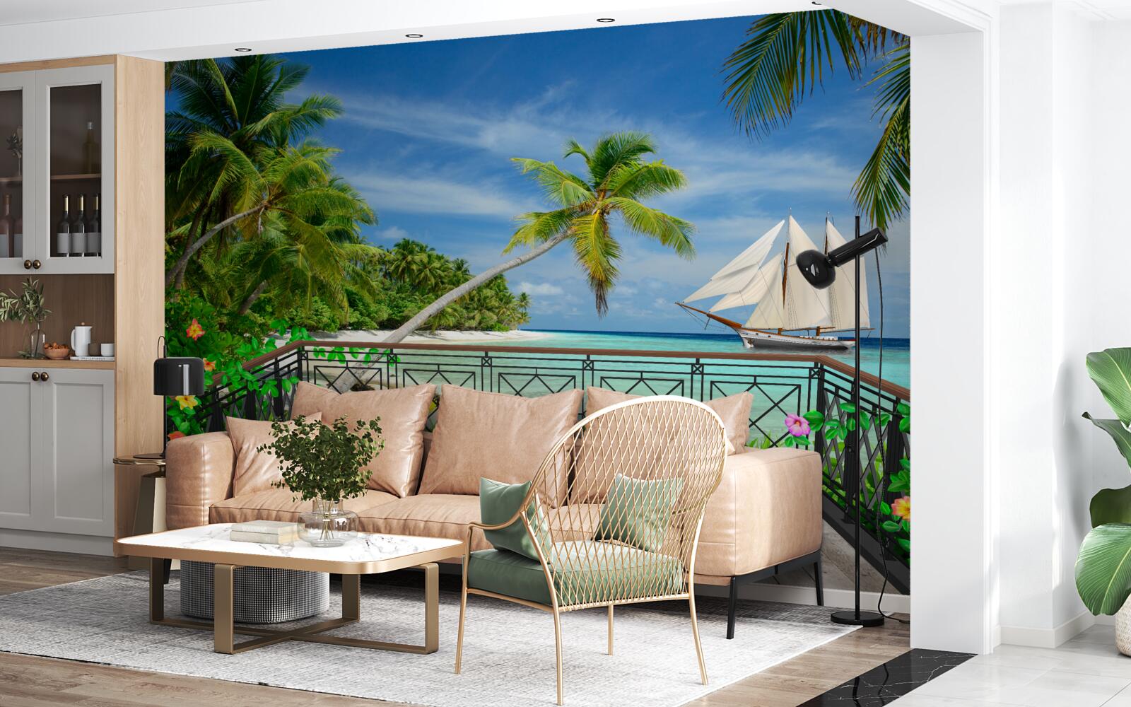 Фотошпалери берег моря з балконом