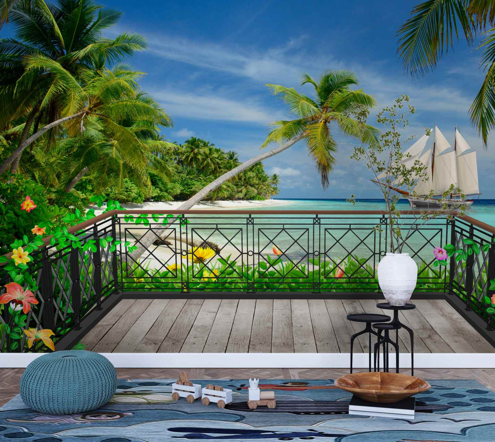 Фотошпалери берег моря з балконом