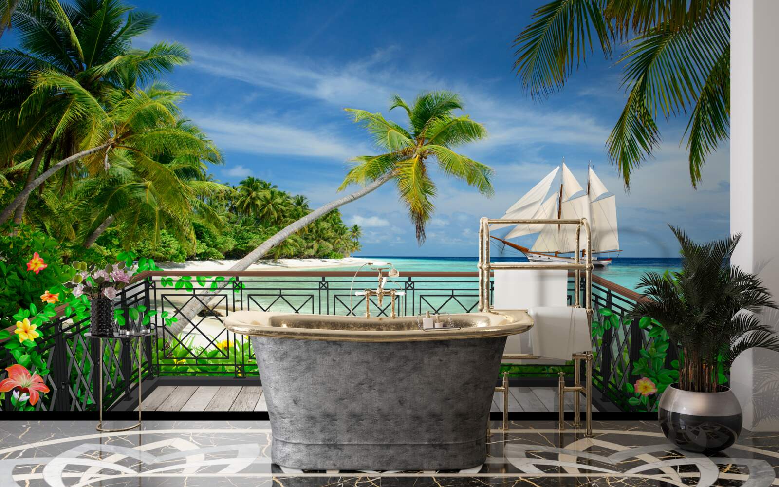 Фотошпалери берег моря з балконом