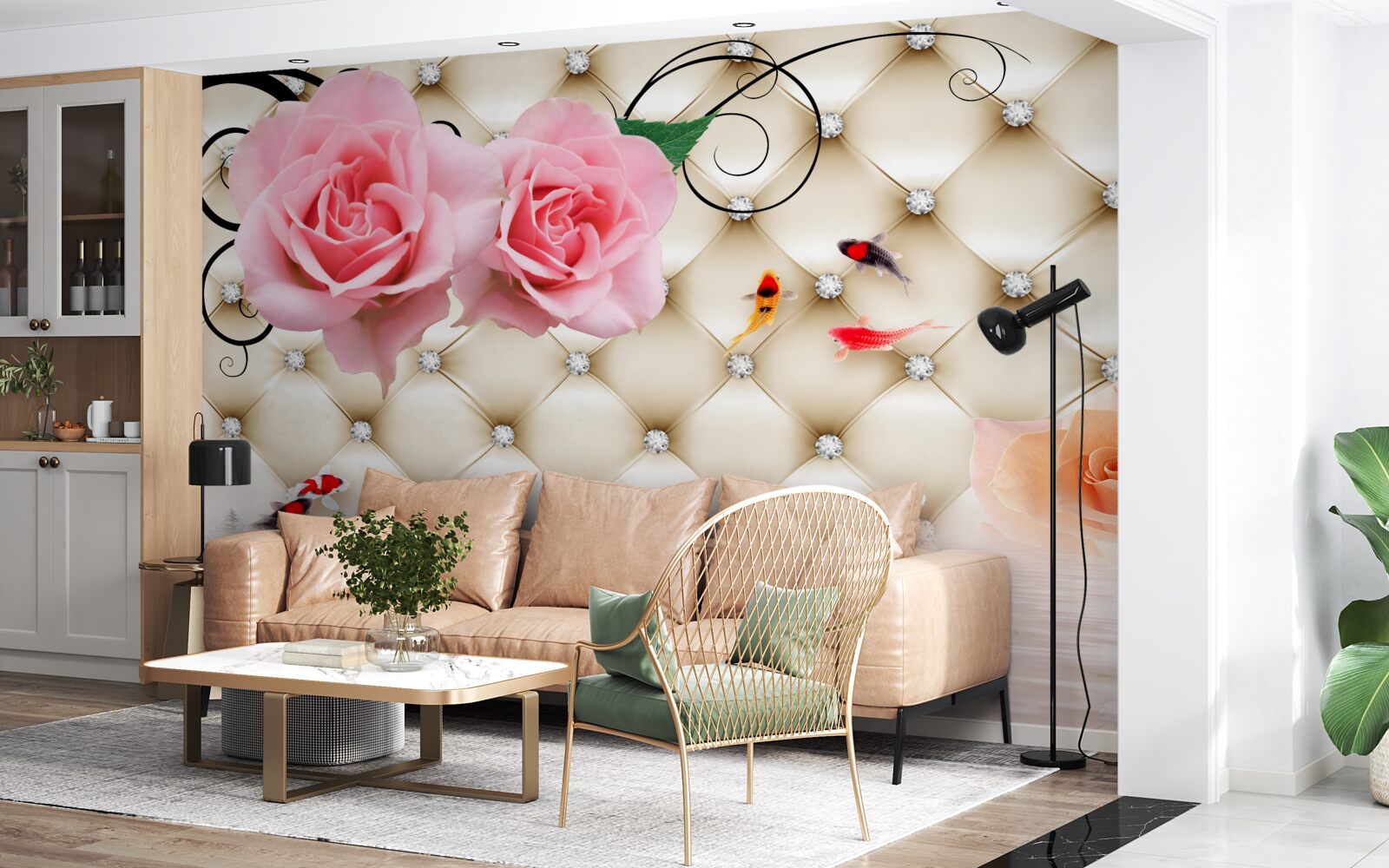 Фотошпалери метелики та троянди над життєво важливими елементами