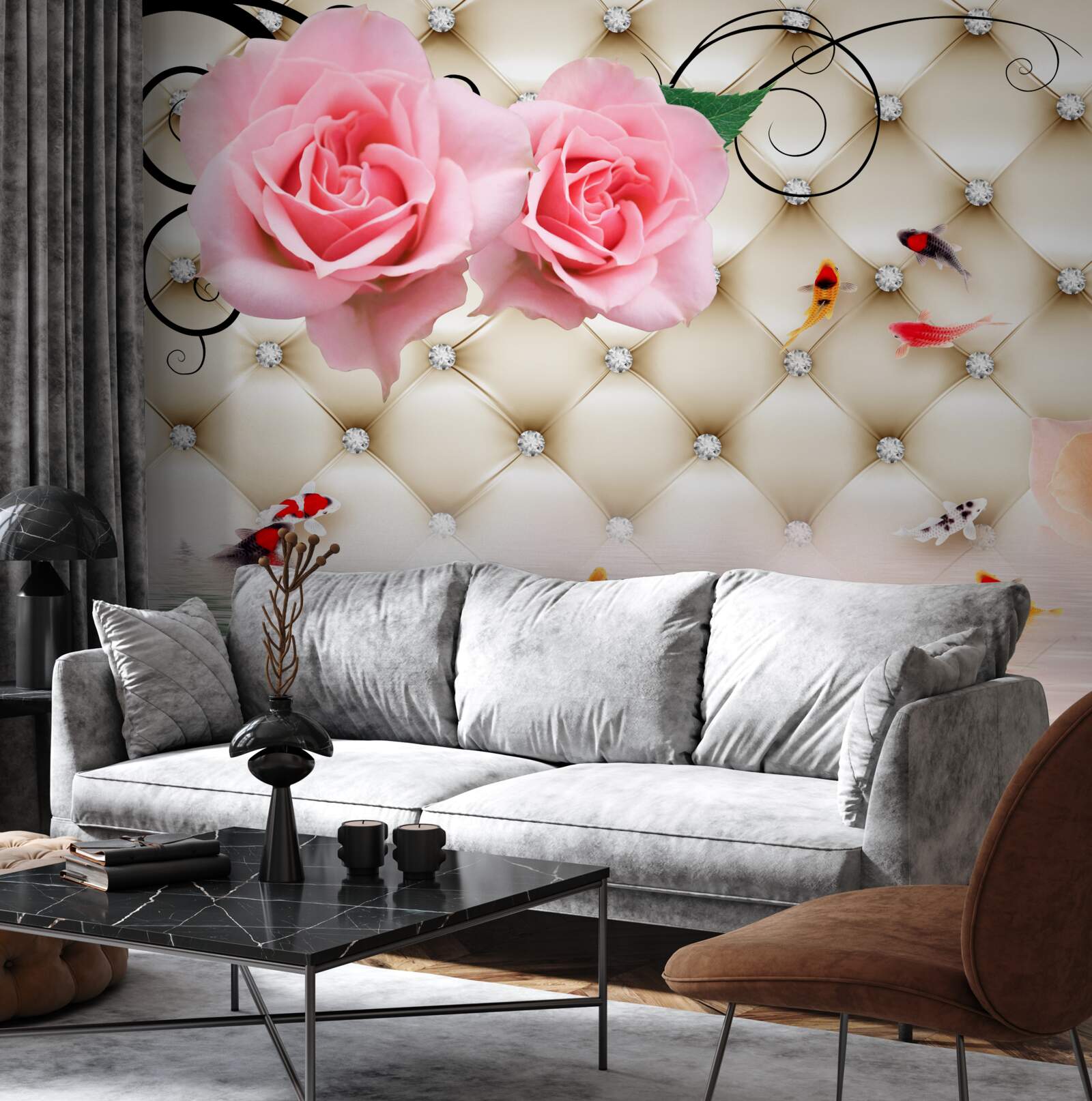 Фотошпалери метелики та троянди над життєво важливими елементами