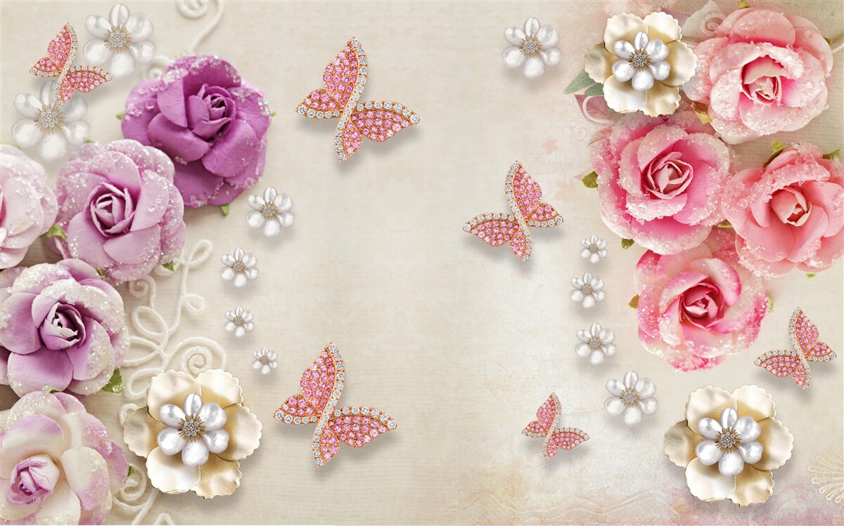 Фотошпалери квіти оточені метеликами з каменів