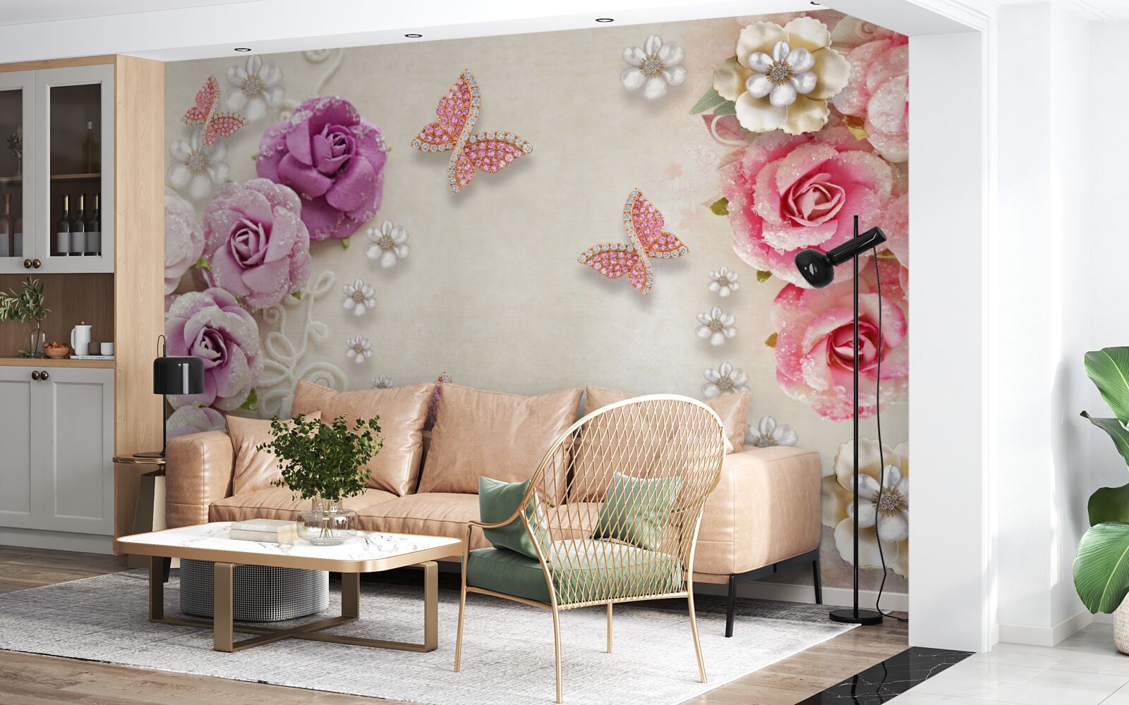 Фотошпалери квіти оточені метеликами з каменів