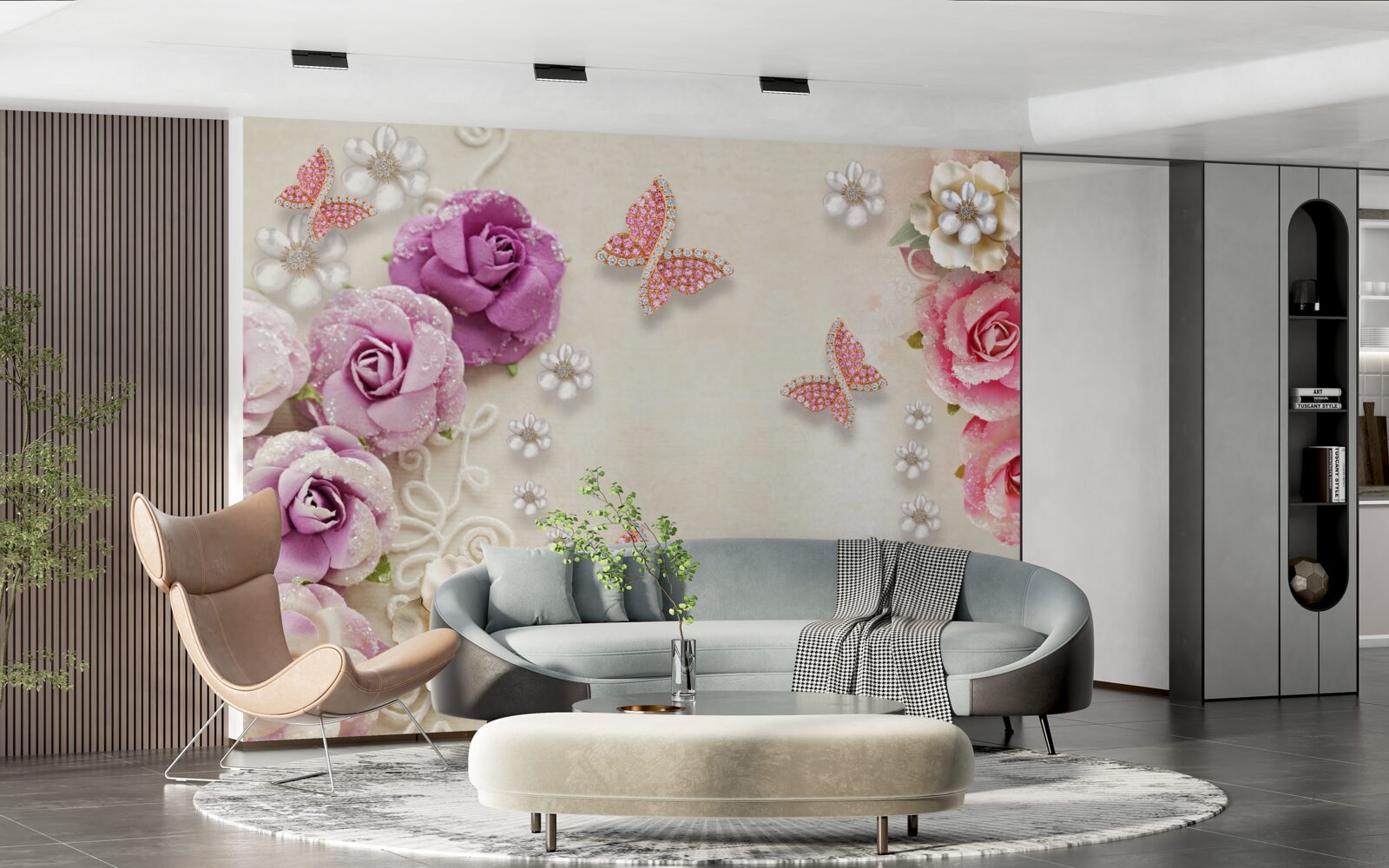 Фотошпалери квіти оточені метеликами з каменів