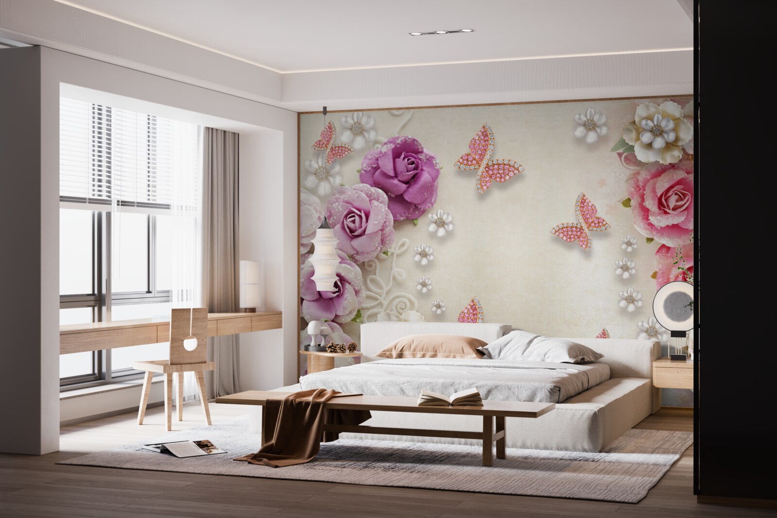 Фотошпалери квіти оточені метеликами з каменів