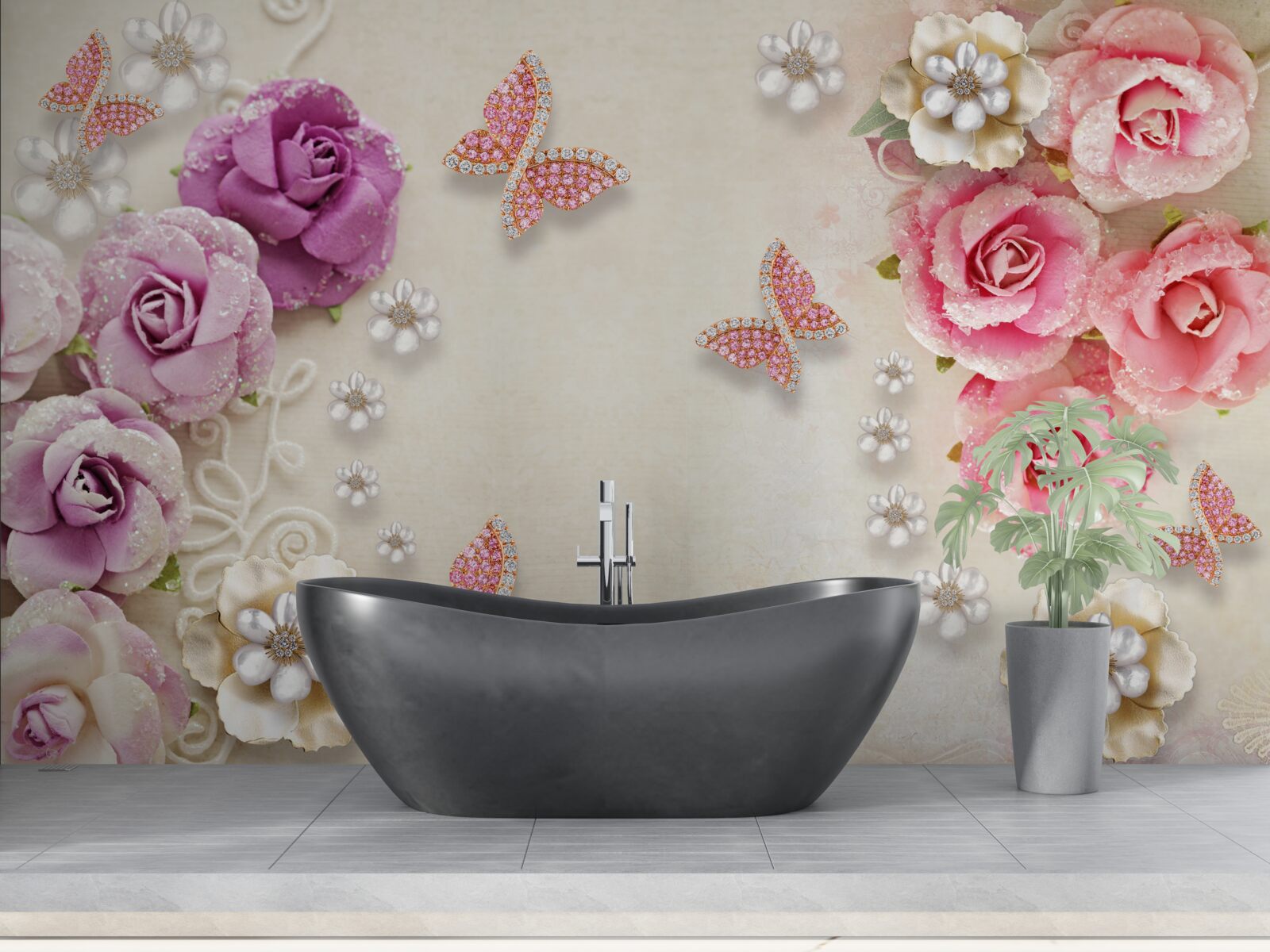 Фотошпалери квіти оточені метеликами з каменів