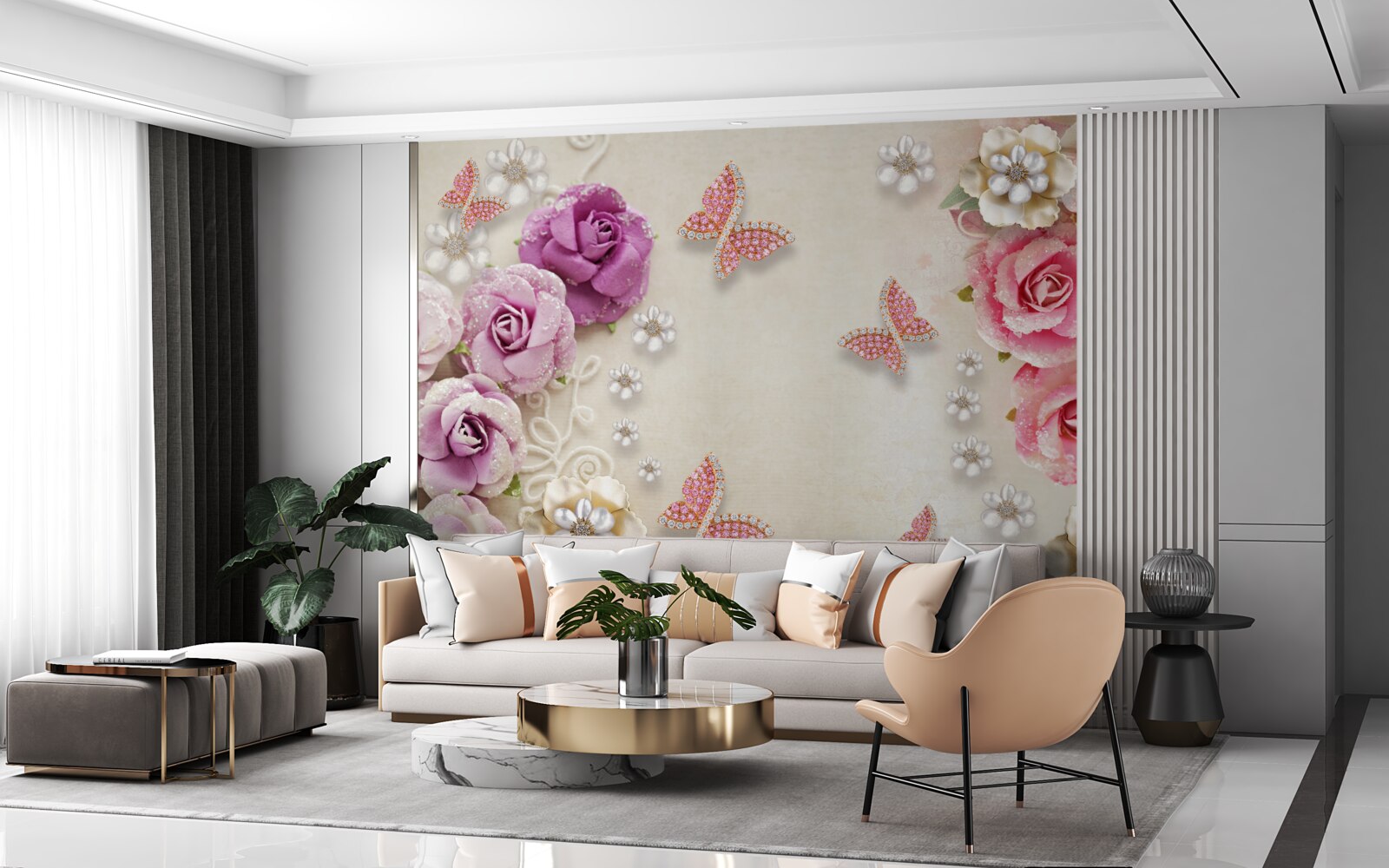 Фотошпалери квіти оточені метеликами з каменів