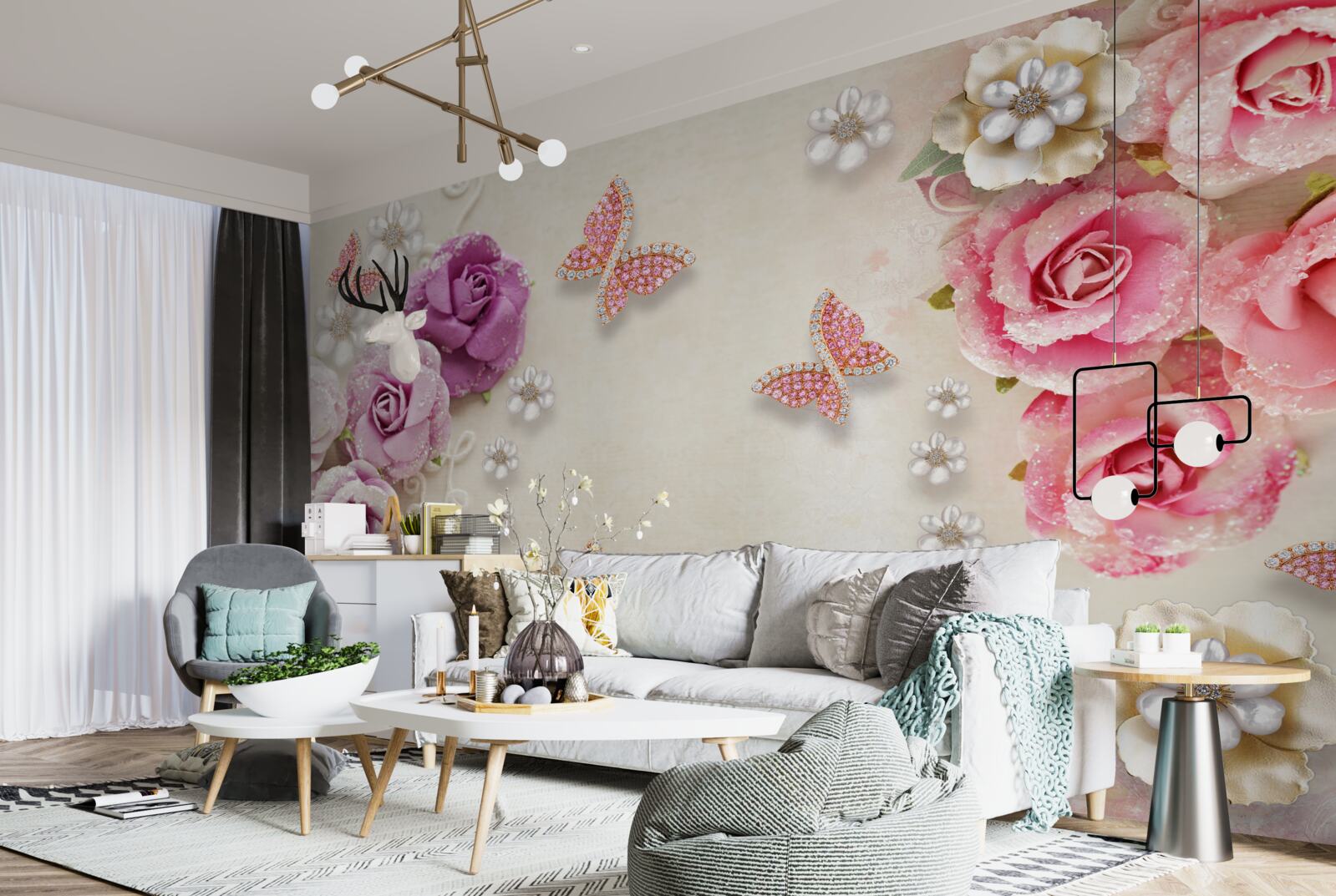 Фотошпалери квіти оточені метеликами з каменів