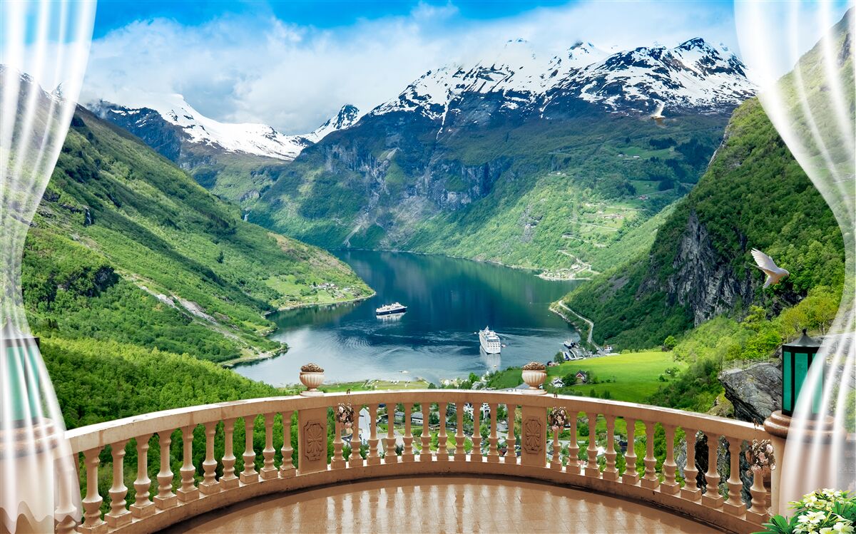 Фотошпалери тераса в оточенні гір з озером