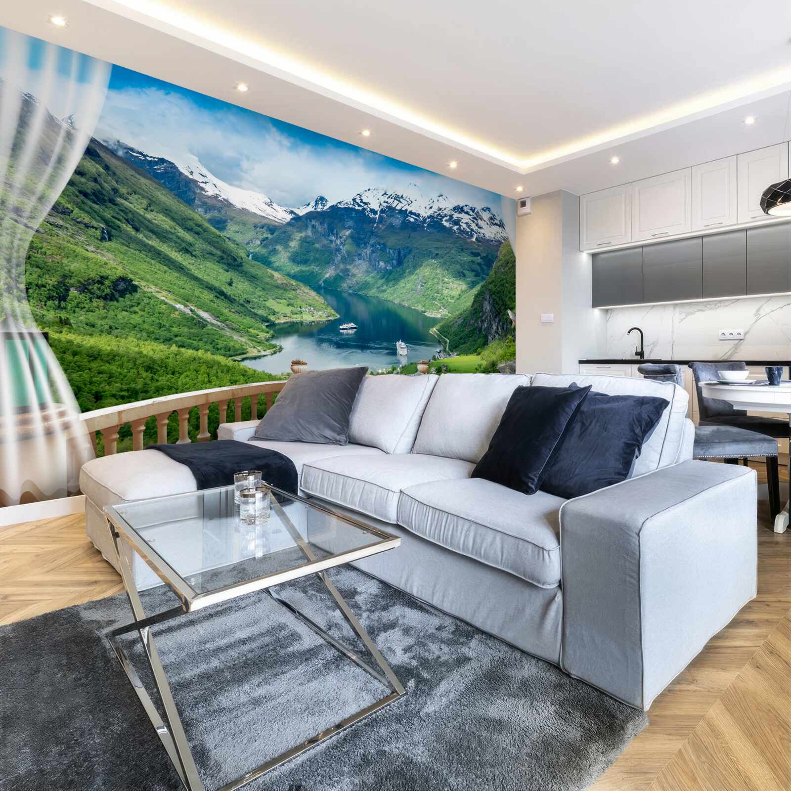 Фотошпалери тераса в оточенні гір з озером