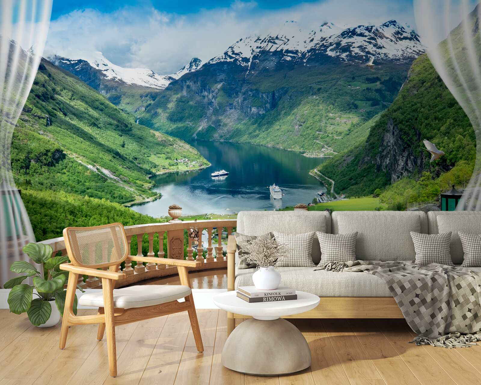 Фотошпалери тераса в оточенні гір з озером