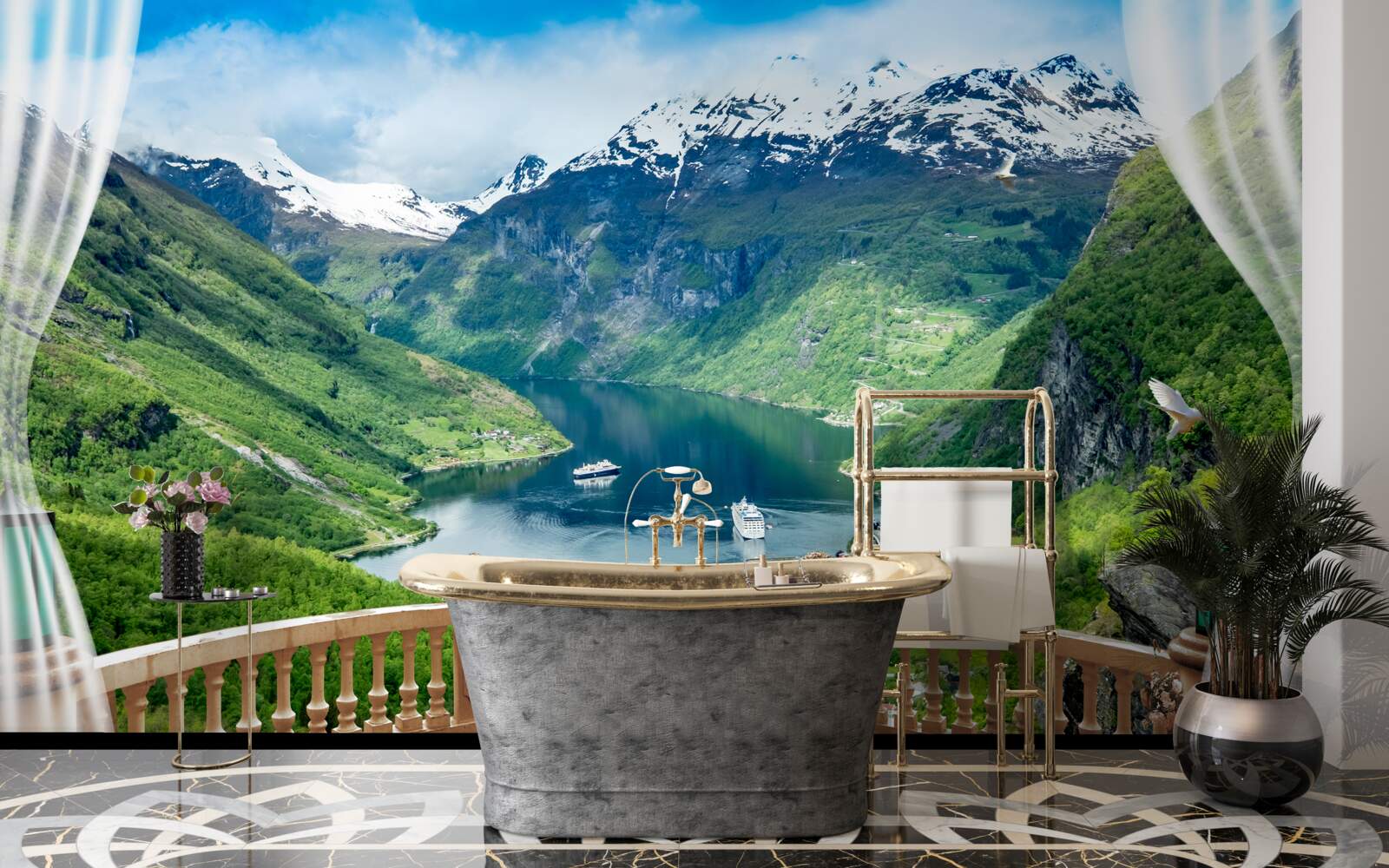 Фотошпалери тераса в оточенні гір з озером