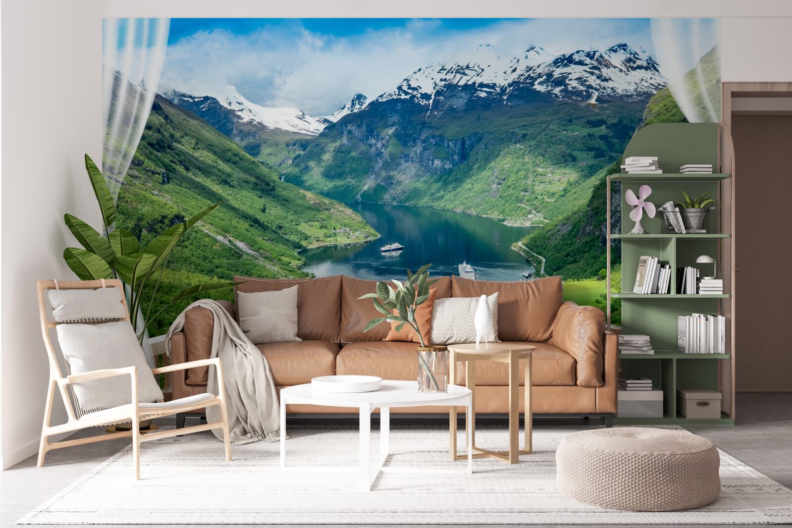 Фотошпалери тераса в оточенні гір з озером