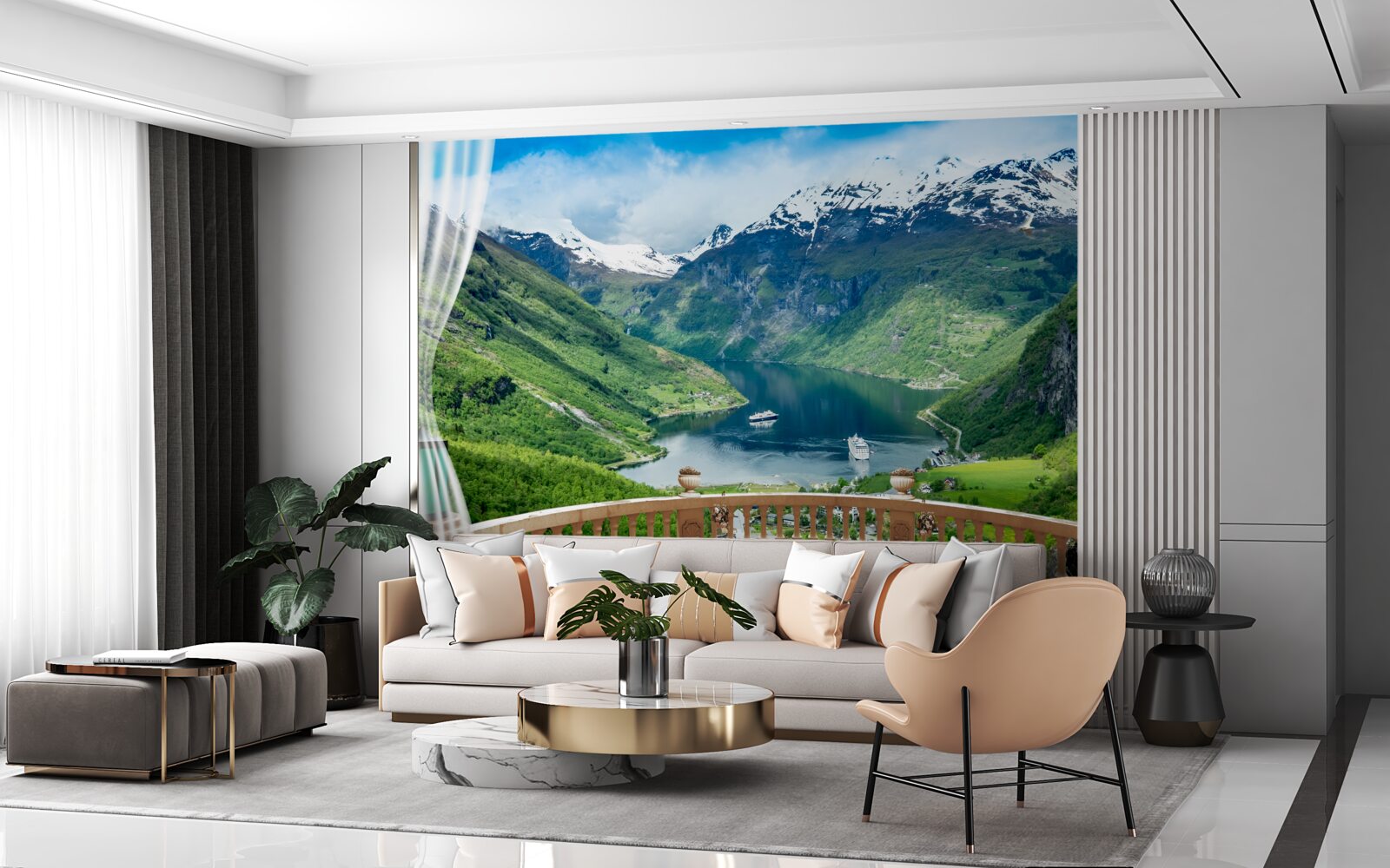 Фотошпалери тераса в оточенні гір з озером