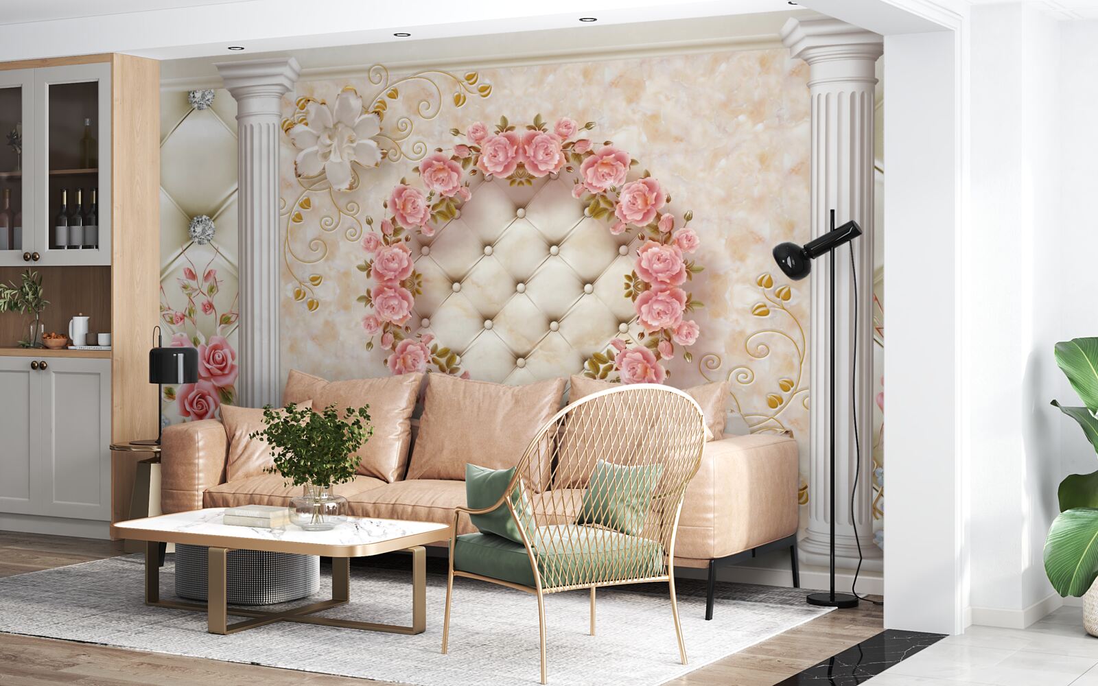 Фотошпалери на стіні висить вінок з рожевих троянд