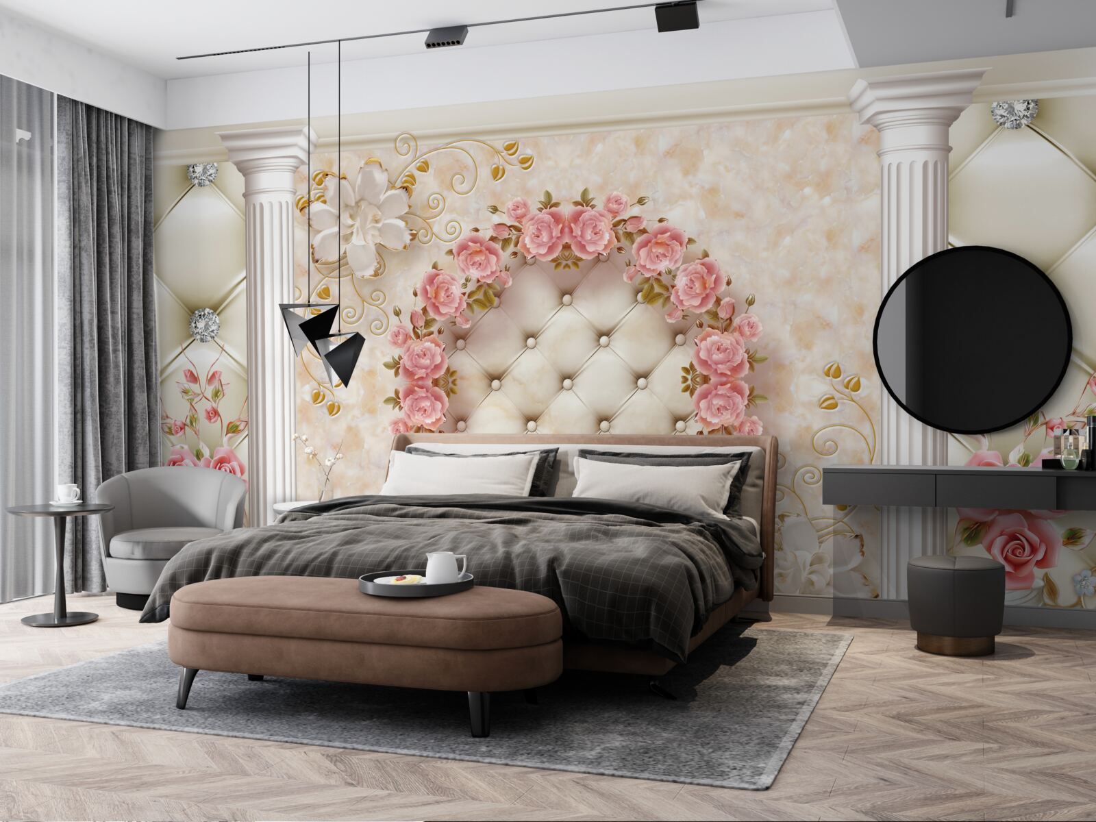 Фотошпалери на стіні висить вінок з рожевих троянд