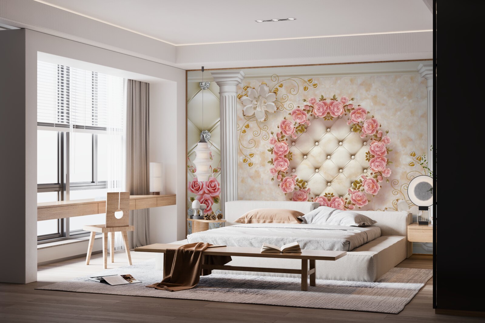 Фотошпалери на стіні висить вінок з рожевих троянд