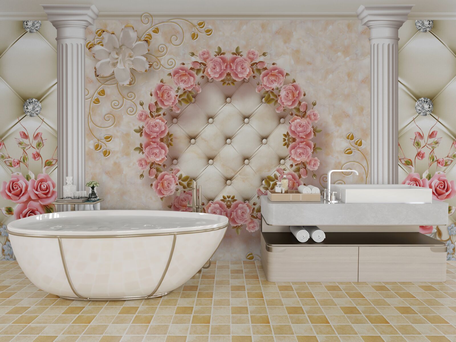 Фотошпалери на стіні висить вінок з рожевих троянд