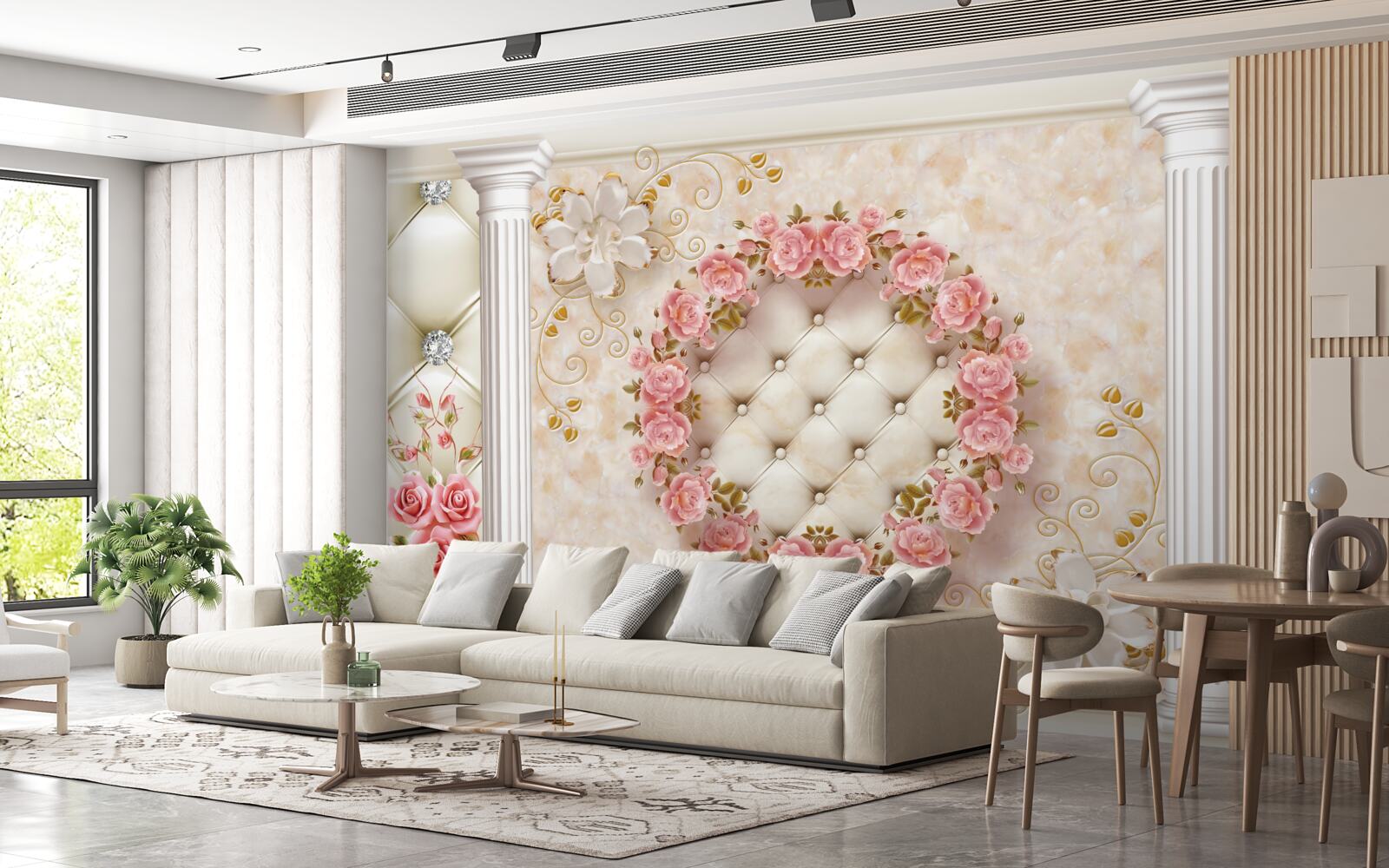 Фотошпалери на стіні висить вінок з рожевих троянд