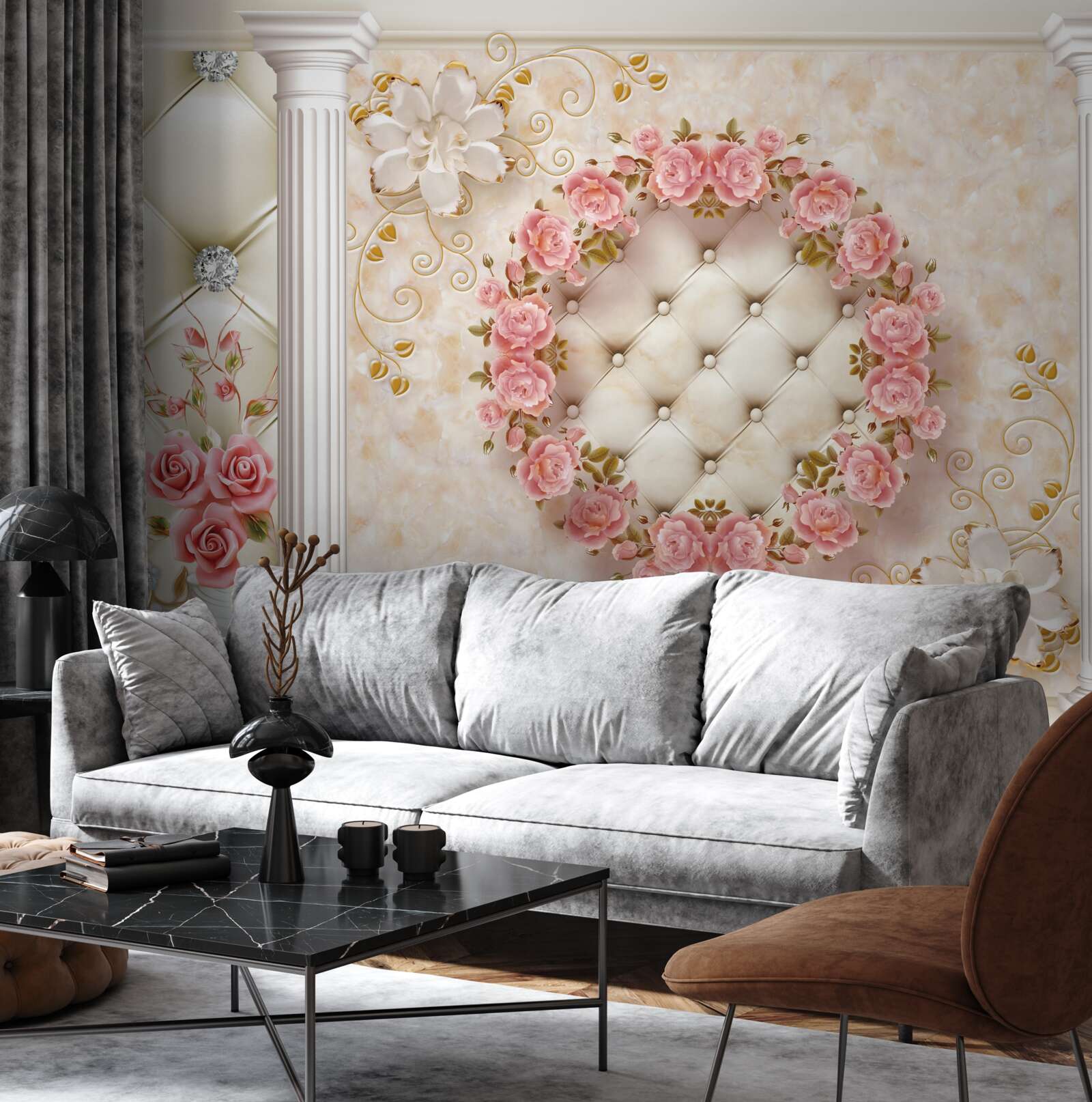 Фотошпалери на стіні висить вінок з рожевих троянд