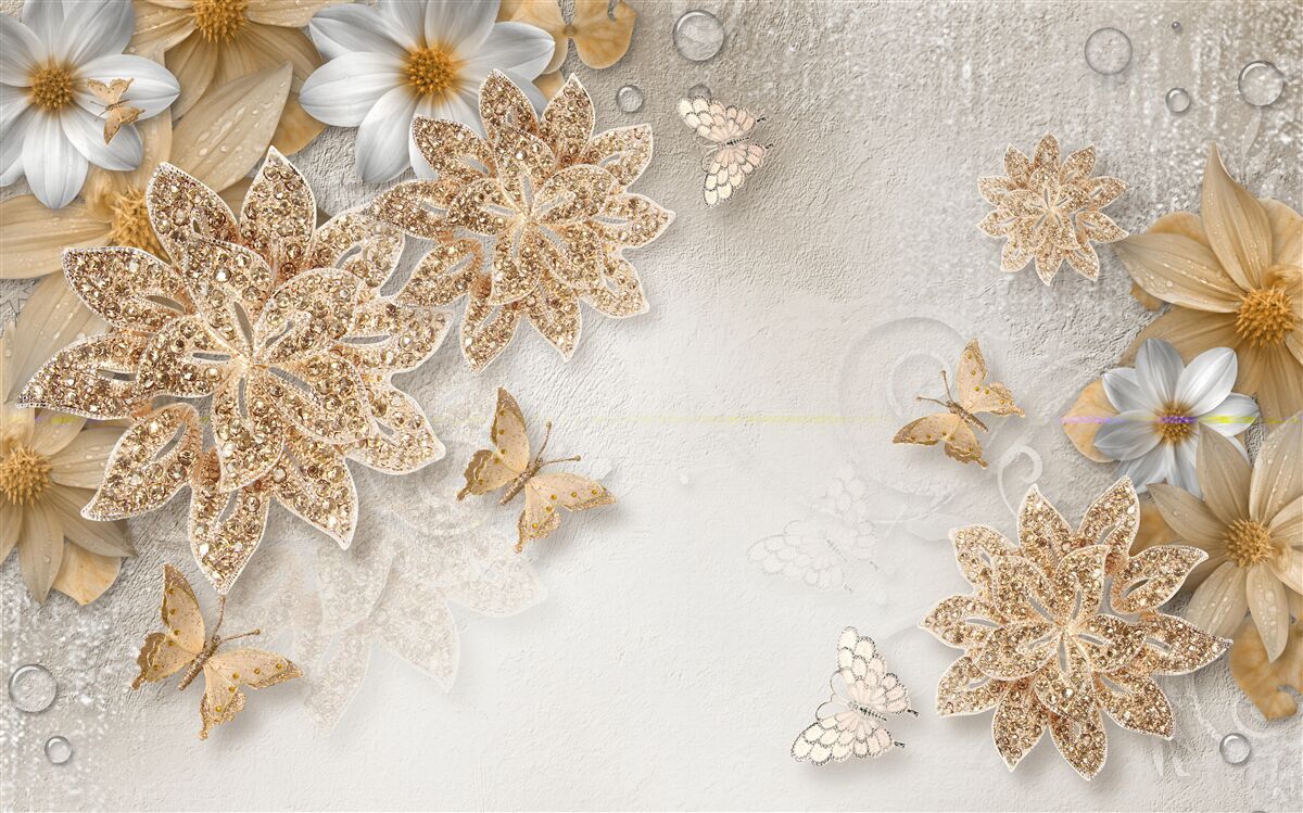 Фотошпалери квіти у відтінках білого та коричневого з літаючими метеликами