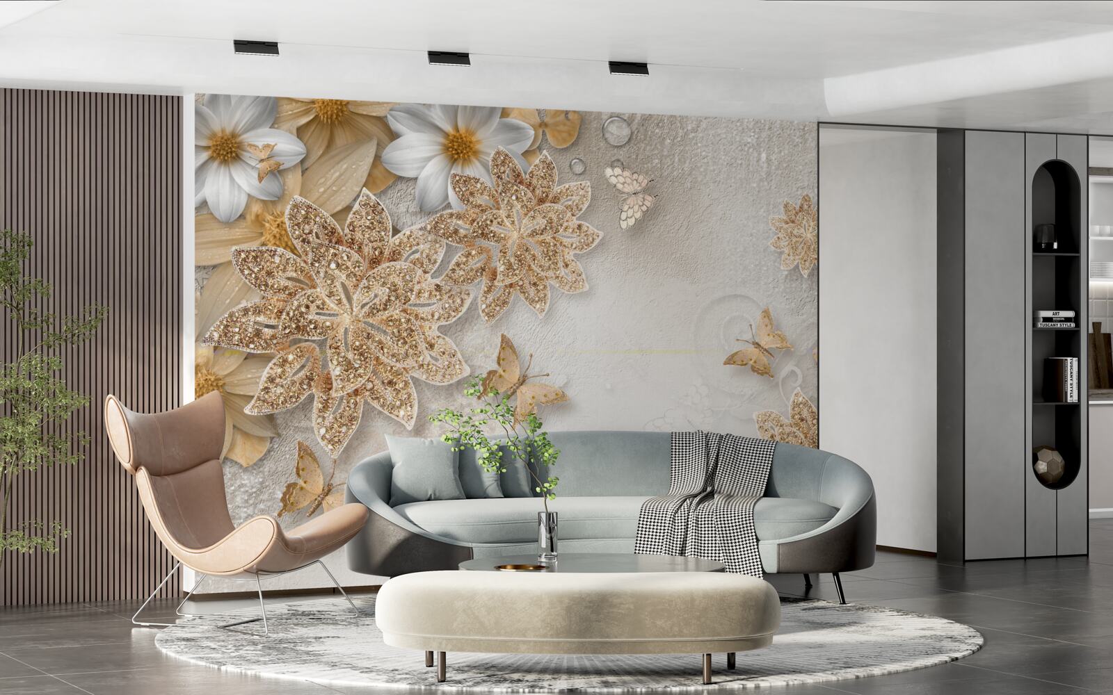 Фотошпалери квіти у відтінках білого та коричневого з літаючими метеликами