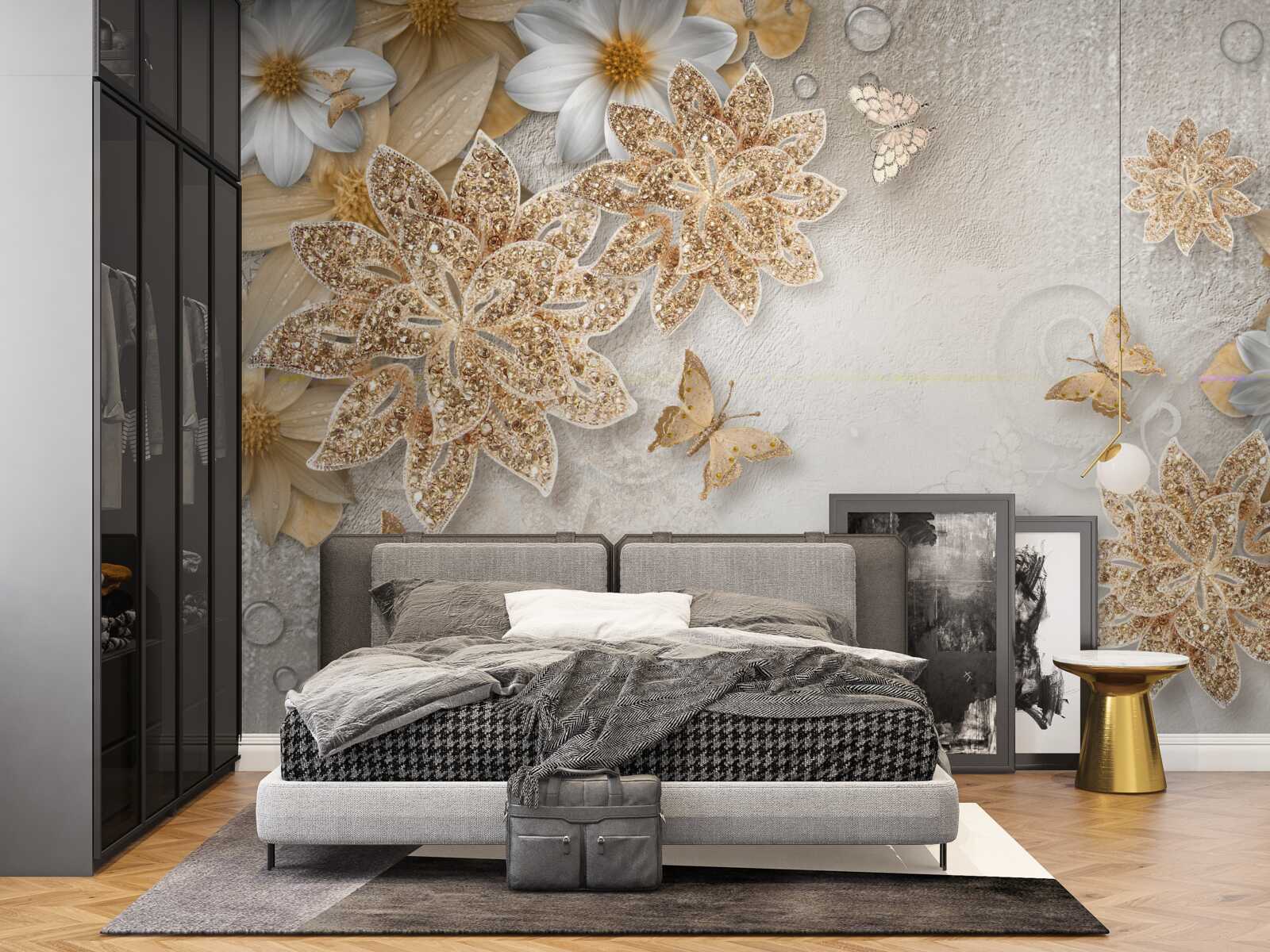 Фотошпалери квіти у відтінках білого та коричневого з літаючими метеликами