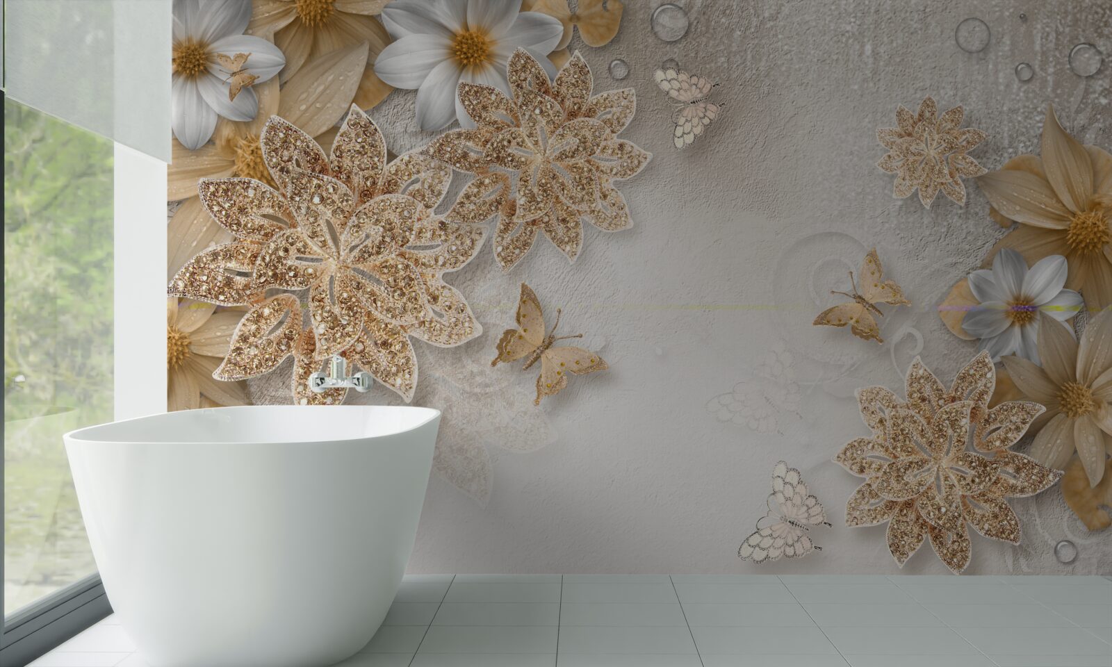 Фотошпалери квіти у відтінках білого та коричневого з літаючими метеликами