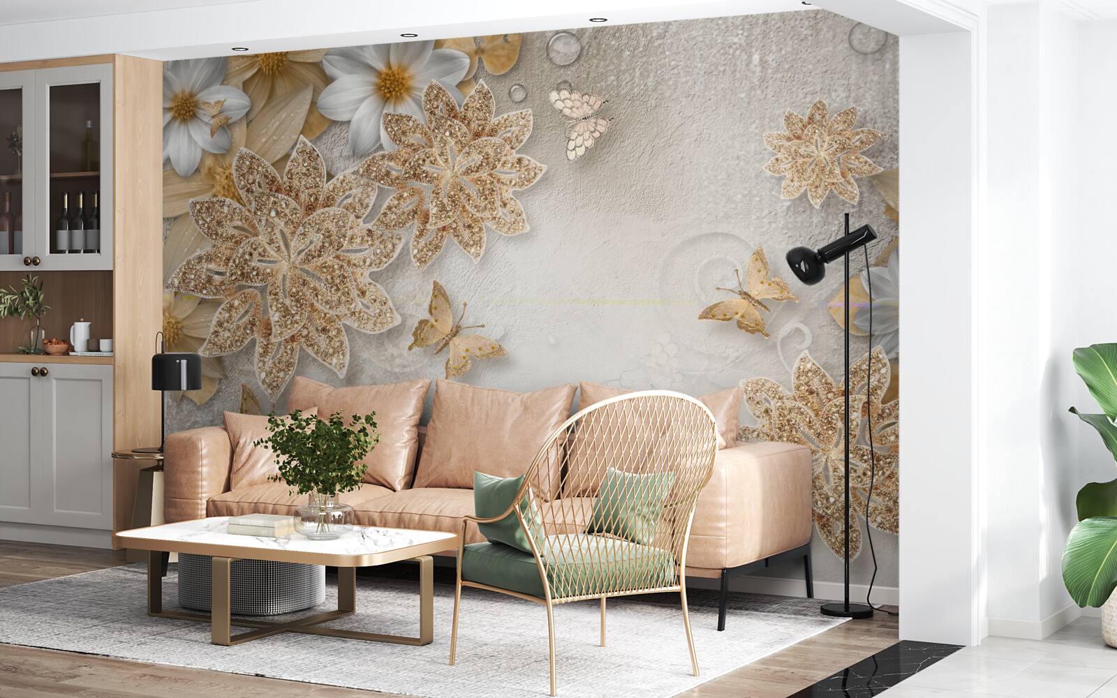 Фотошпалери квіти у відтінках білого та коричневого з літаючими метеликами