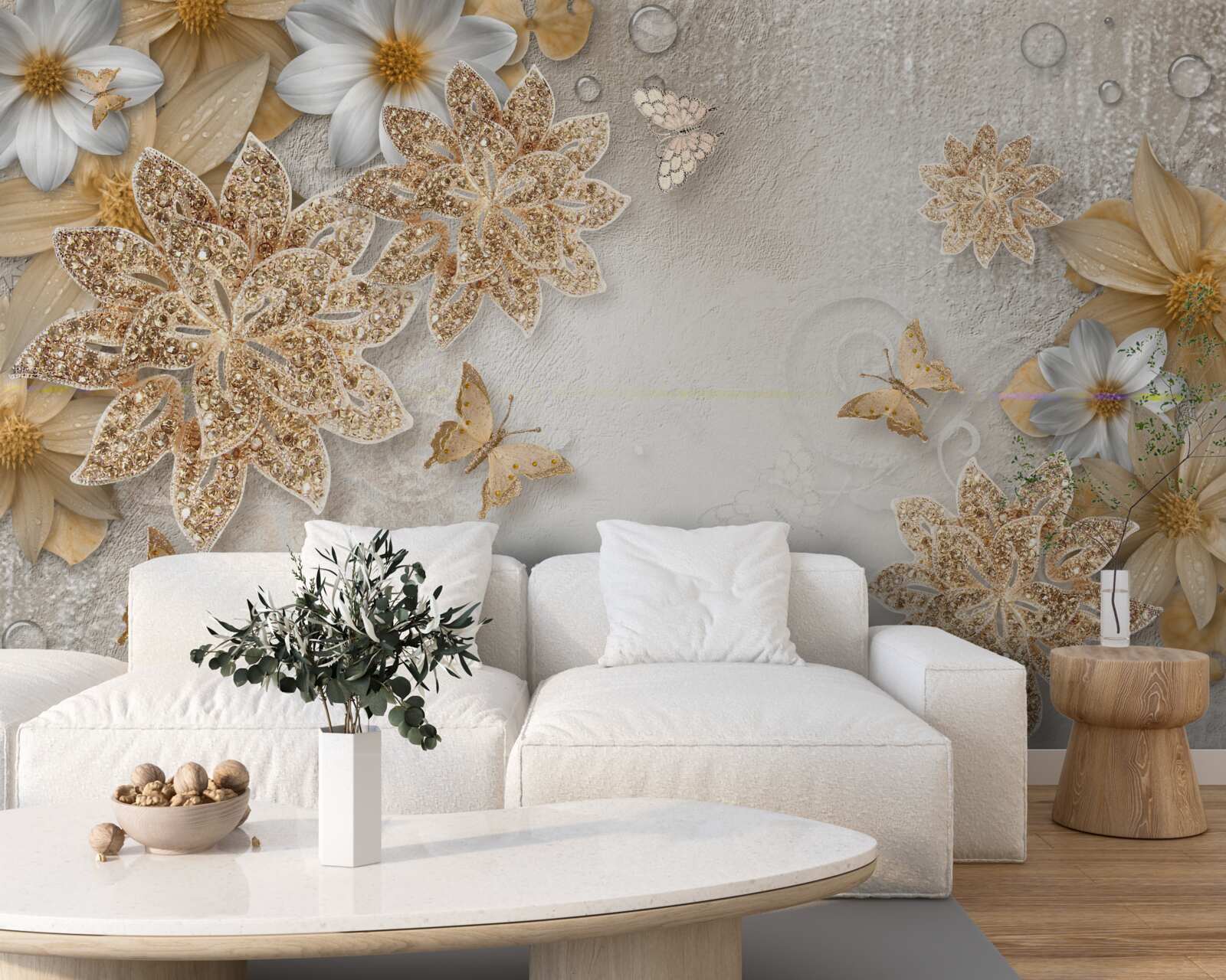 Фотошпалери квіти у відтінках білого та коричневого з літаючими метеликами