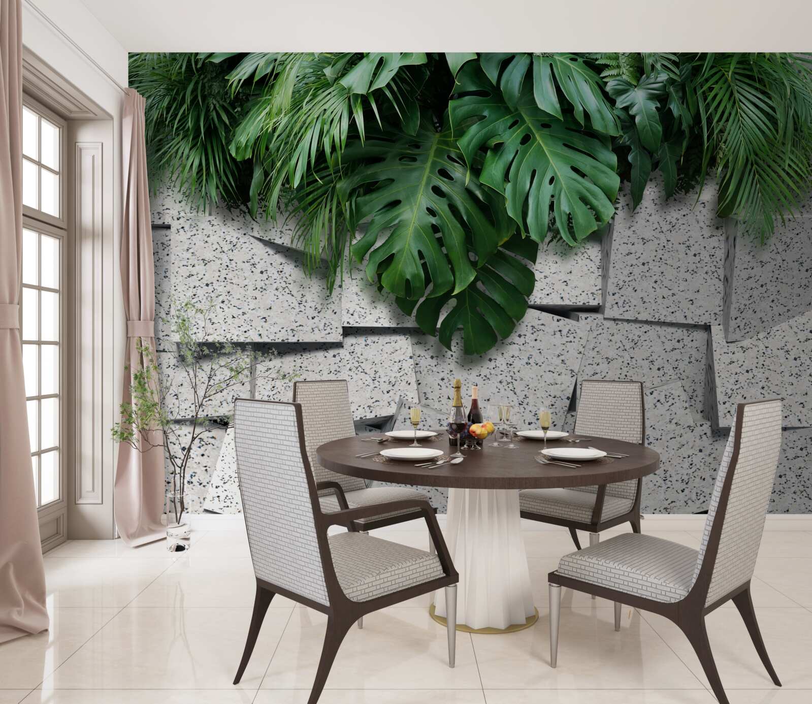 Фотошпалери монстера в тропічній атмосфері на сірому тлі