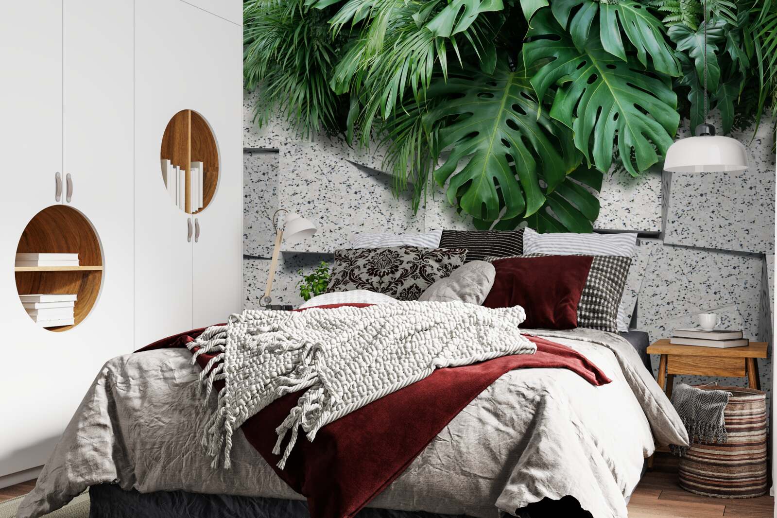 Фотошпалери монстера в тропічній атмосфері на сірому тлі