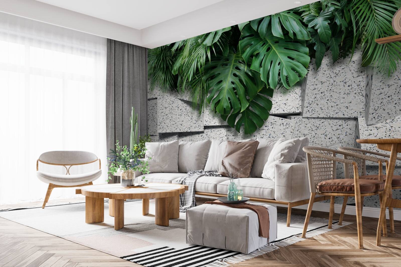 Фотошпалери монстера в тропічній атмосфері на сірому тлі