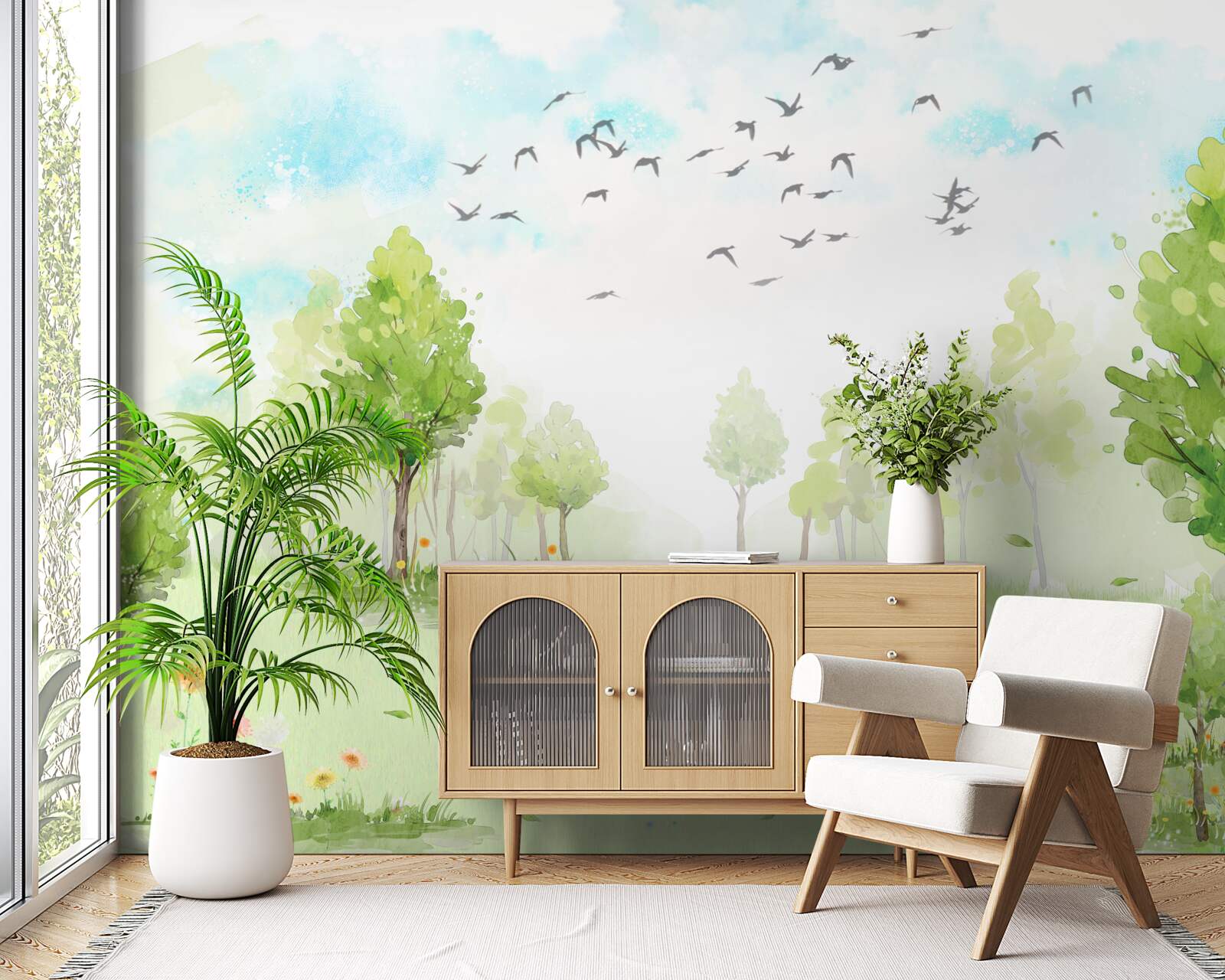 Фотошпалери політ птахів між деревами