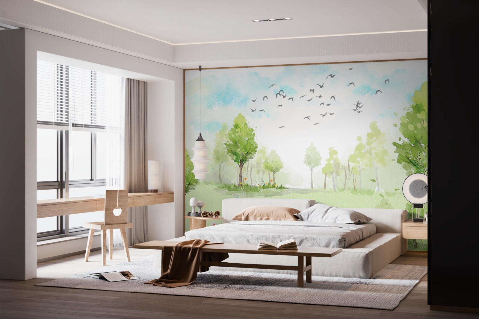 Фотошпалери політ птахів між деревами