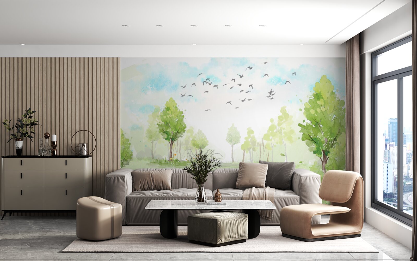 Фотошпалери політ птахів між деревами