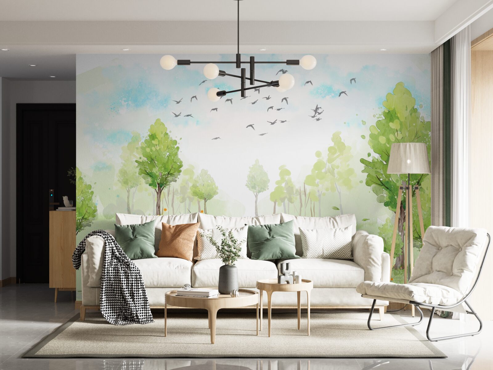 Фотошпалери політ птахів між деревами