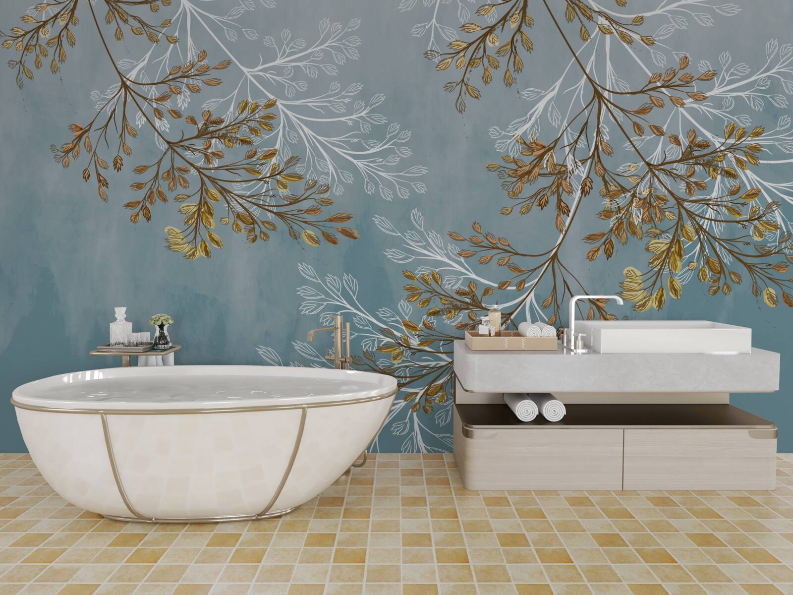 Фотошпалери взимку гілки усіяні золотистими бахромою