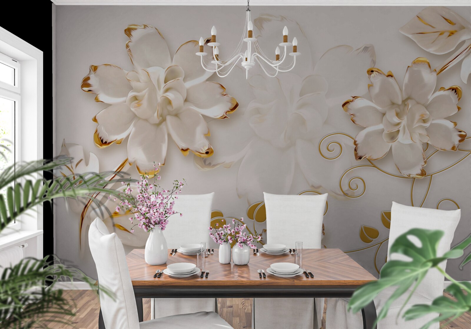 Фотошпалери Білосніжні троянди з золотом